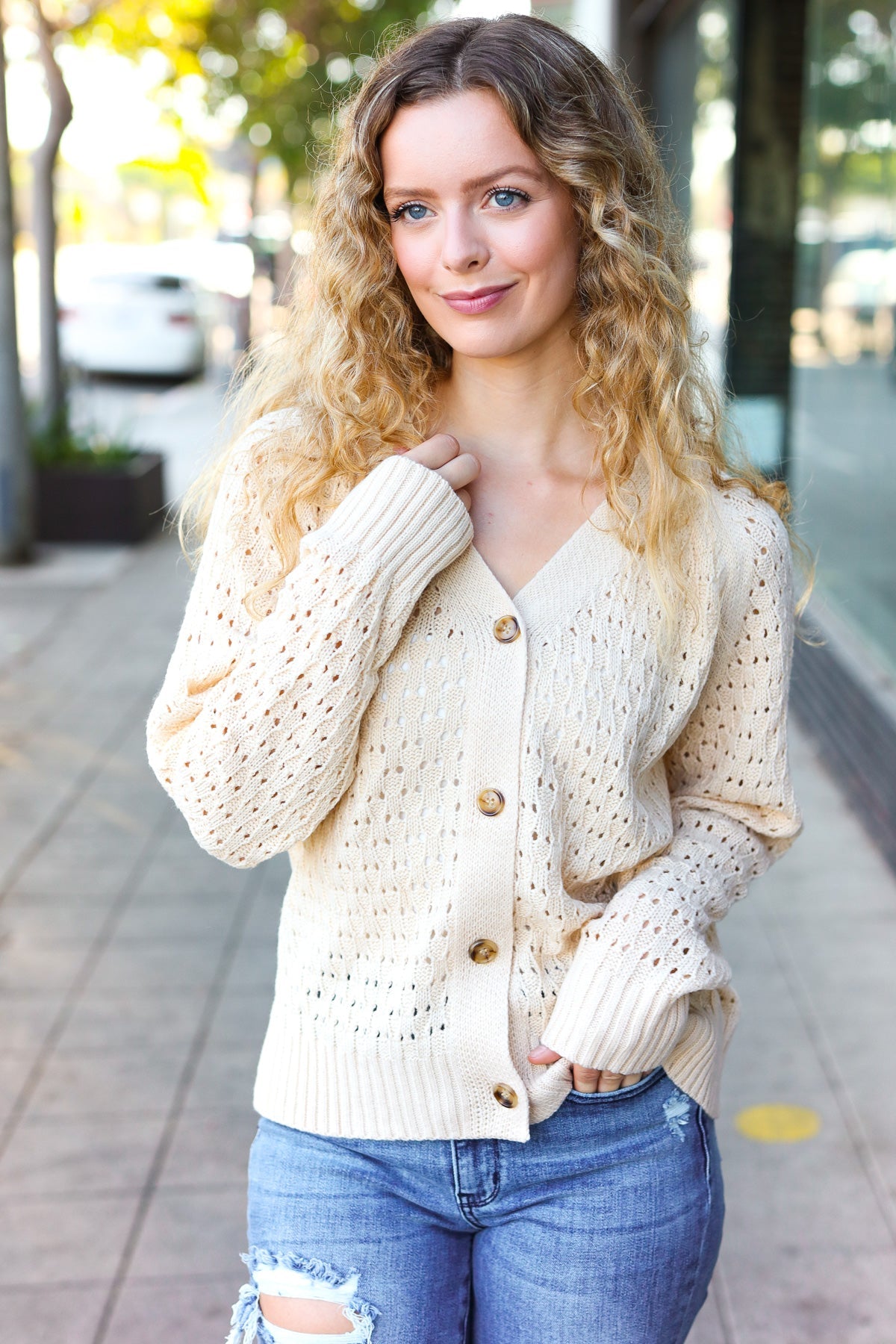 Follow Me Oatmeal Pointelle Knit Button Down Cardigan - Cozy Women's Sweater for Fall & Winter | Perfect for Office, Date Night & Casual Outfits