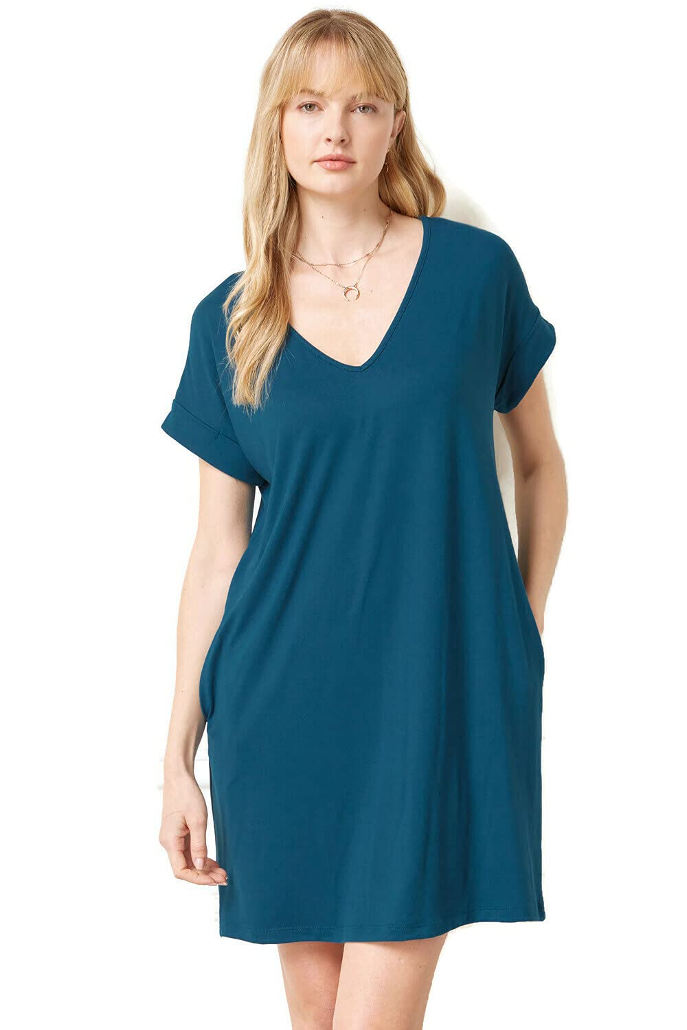 Entro Women's V Neck Short Sleeve Pocket Short Dress - Casual Summer Flowy Dress for Beach, Vacation & Everyday Wear