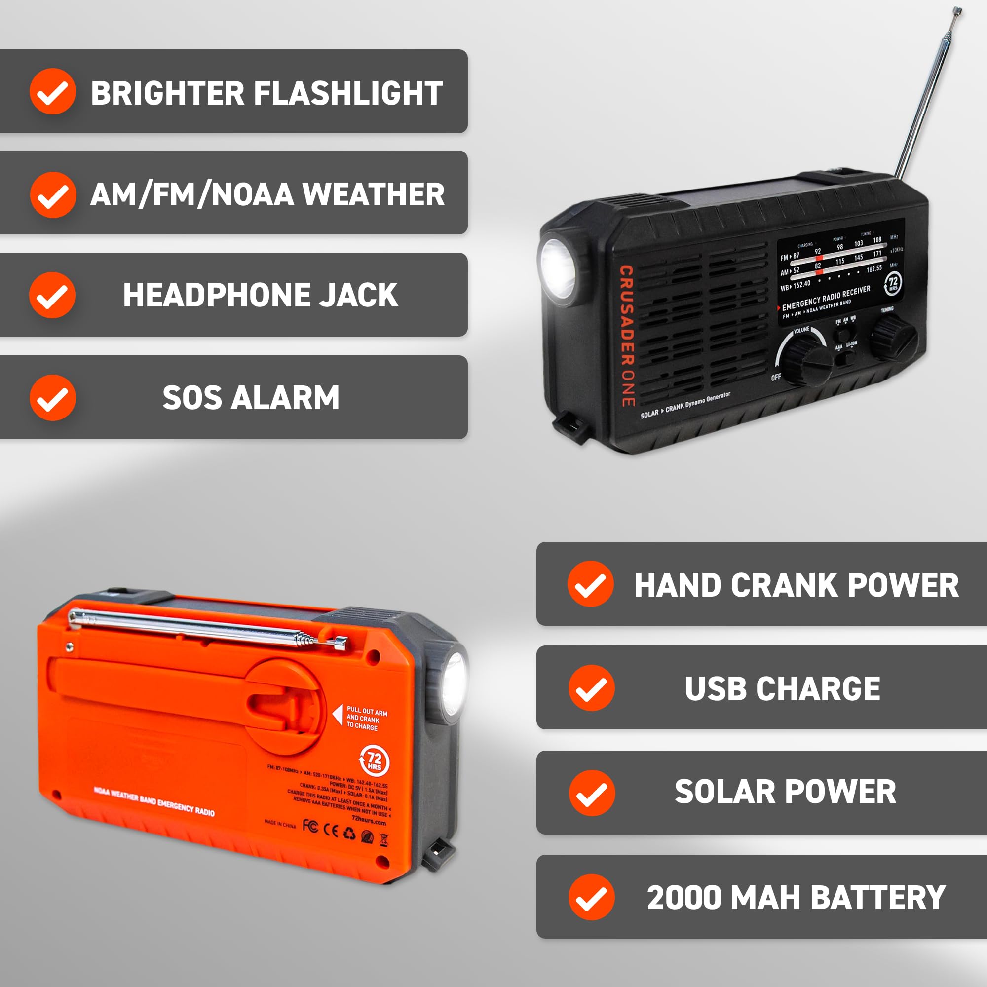 72 Hours Crusader ONE NOAA/AM/FM Emergency Weather Radio - USB Rechargeable, Solar & Hand Crank Powered - Portable Survival Radio with SOS Flashlight, Alarm & Headphone Jack (Red) - Perfect for Camping, Hiking & Emergency Preparedness
