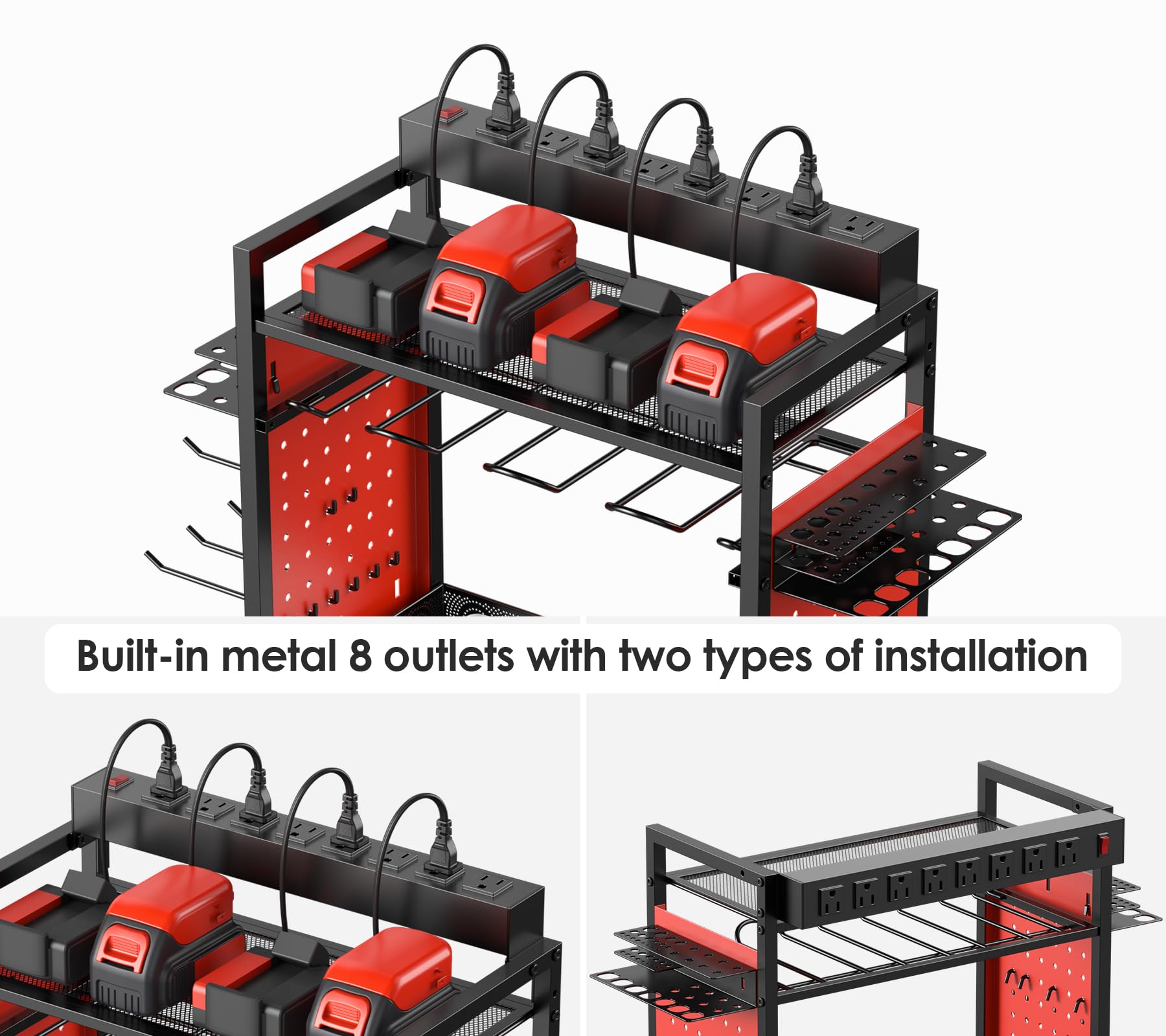 CCCEI Rolling Tool Cart with Charging Station - Heavy Duty Mobile Garage Storage Organizer for Power Tools, Drills & Batteries - Perfect for Mechanics, DIY Enthusiasts & Workshop Organization (Red) - Ideal for Home Garage, Auto Repair Shops & Professional Workstations