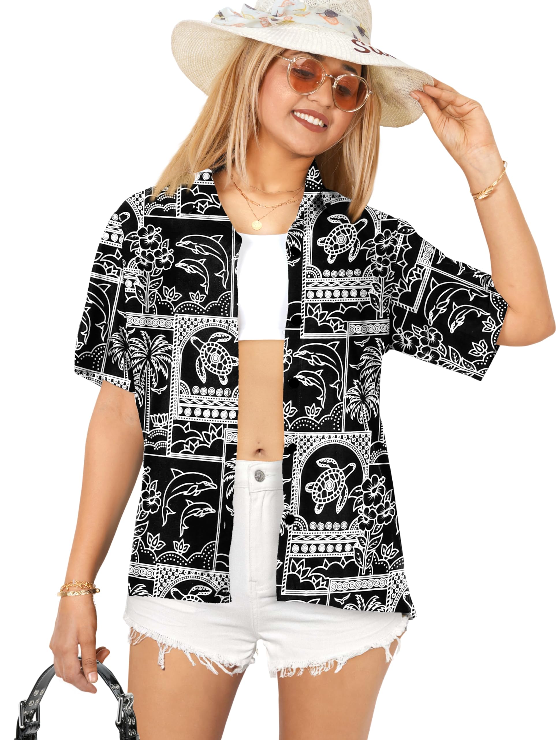 LA LEELA Women's Hawaiian Shirt - Floral Beach Short Sleeve Blouse for Summer Vacation, Pool Party & Tropical Getaway | Lightweight Breathable Fabric for Casual Outfits