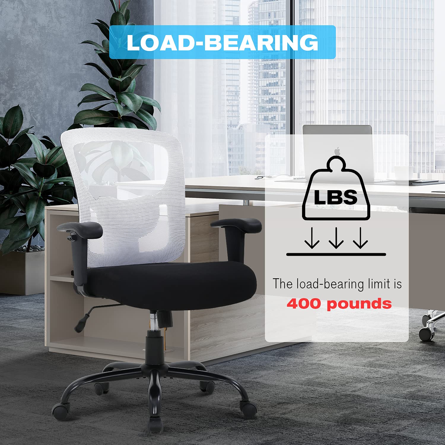HCY Big and Tall Office Chair - 400 lbs Weight Capacity Ergonomic Mesh Computer Desk Chair with Adjustable Height, Lumbar Support & Wheels for Heavy People - Perfect for Home Office, Gaming & Workspaces (White)