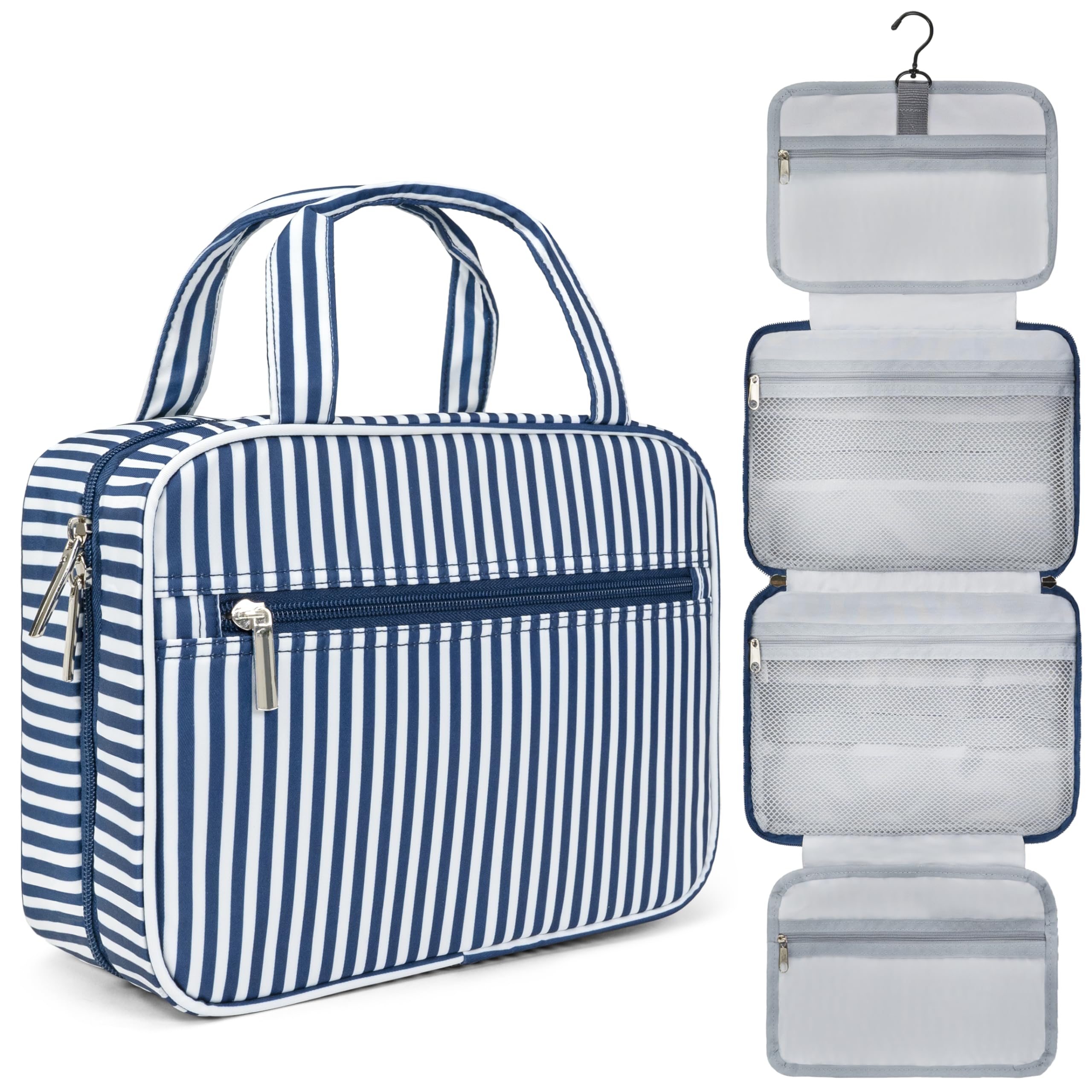 PAVILIA Waterproof Hanging Toiletry Bag for Travel - Foldable Cosmetic Organizer & Makeup Bag for Women & Men - Large Travel Essentials Kit with Navy Stripe - Perfect for Camping, Gym, Business Trips & Vacation