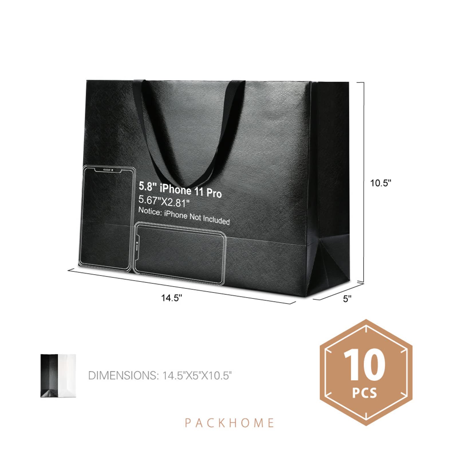 Premium 10-Pack Large Black Gift Bags with Handles - 14.5x5x10.5 Inches, Glossy Finish with Grass Texture - Perfect for Birthday, Wedding, Christmas & Party Gift Wrapping