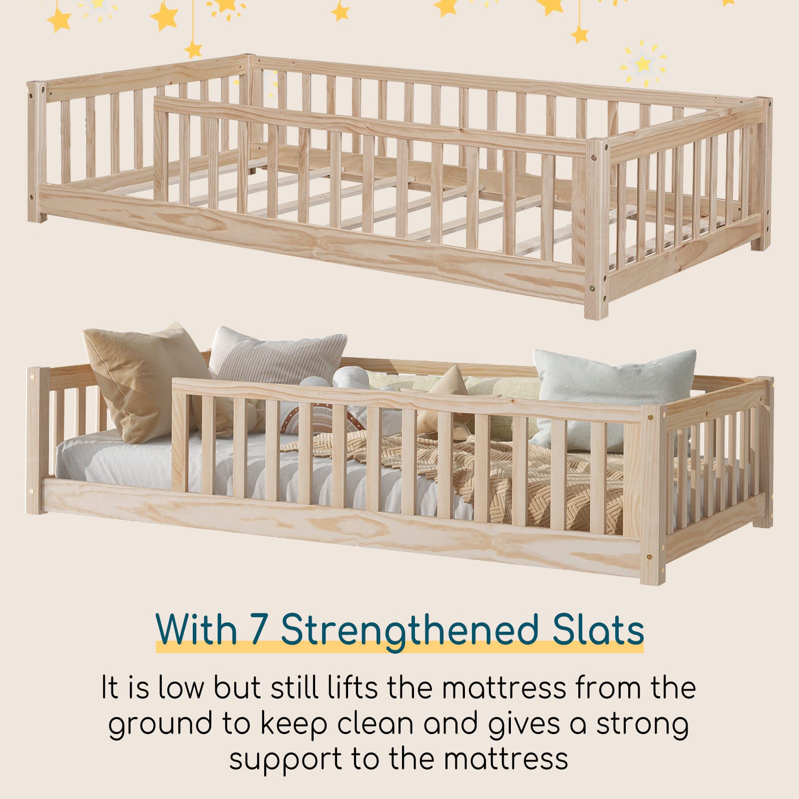 **Montessori Twin Floor Bed with Safety Guardrails & Slats - Kids Wood Bed Frame for Boys & Girls - Low Profile Toddler Bed for Safe Sleep & Play - Perfect for Montessori Rooms, Daycare, or Nursery**