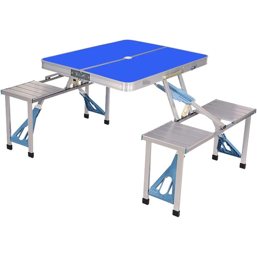 ZWJAX Portable Folding Camping Table and 4 Chairs Set - Lightweight Aluminum Picnic Table for Outdoor, BBQ, Garden, Party & Beach - Blue Foldable Kitchen Side Table with Conjoined Stools (Perfect for Camping Trips, Backyard Gatherings & Tailgating)
