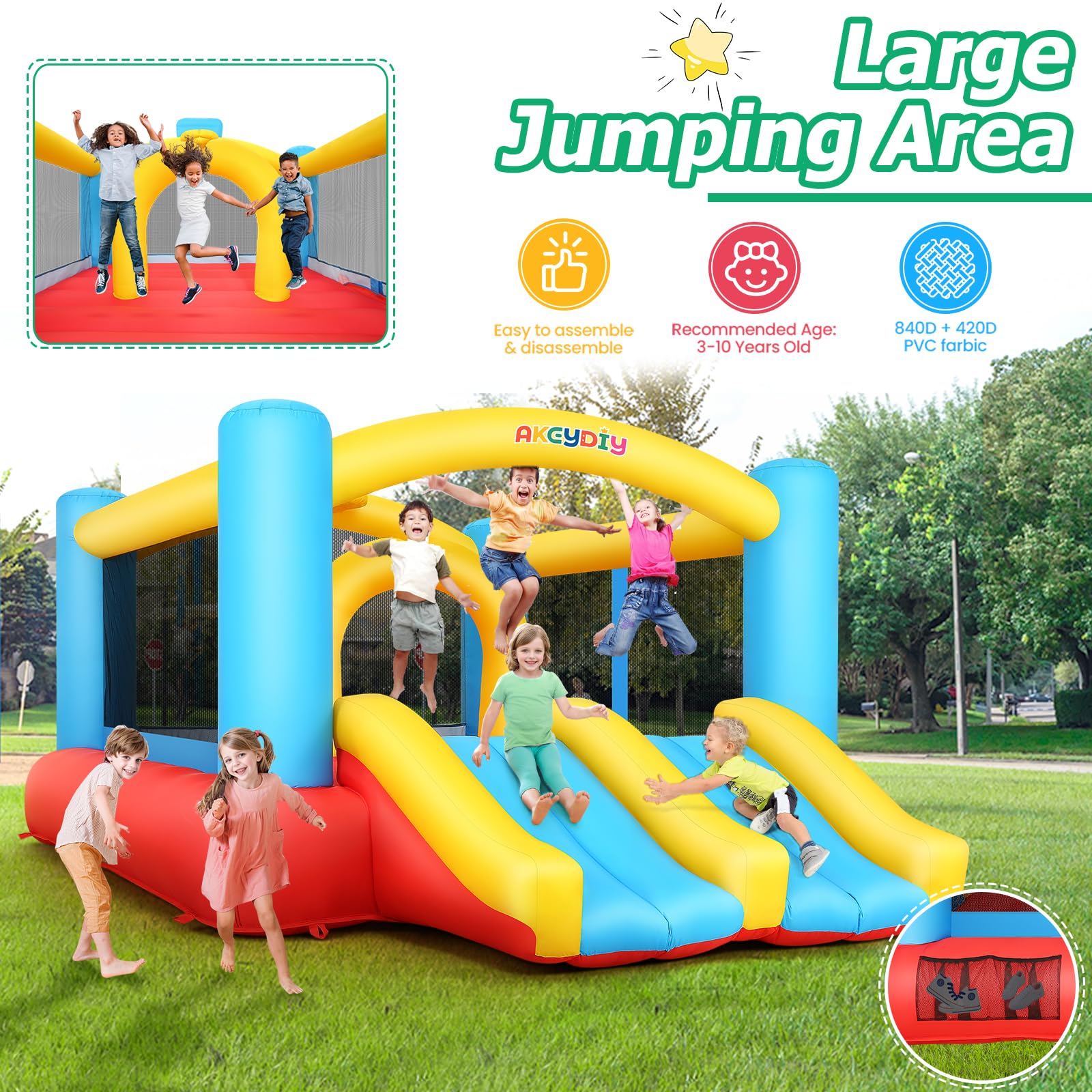 **Inflatable Bounce House for Kids 3-12 Years - Outdoor/Indoor Bouncy Castle with 2 Slides - Jump House for Toddlers & Kids Birthday Parties - Perfect for Backyard, Parks & Indoor Play**
