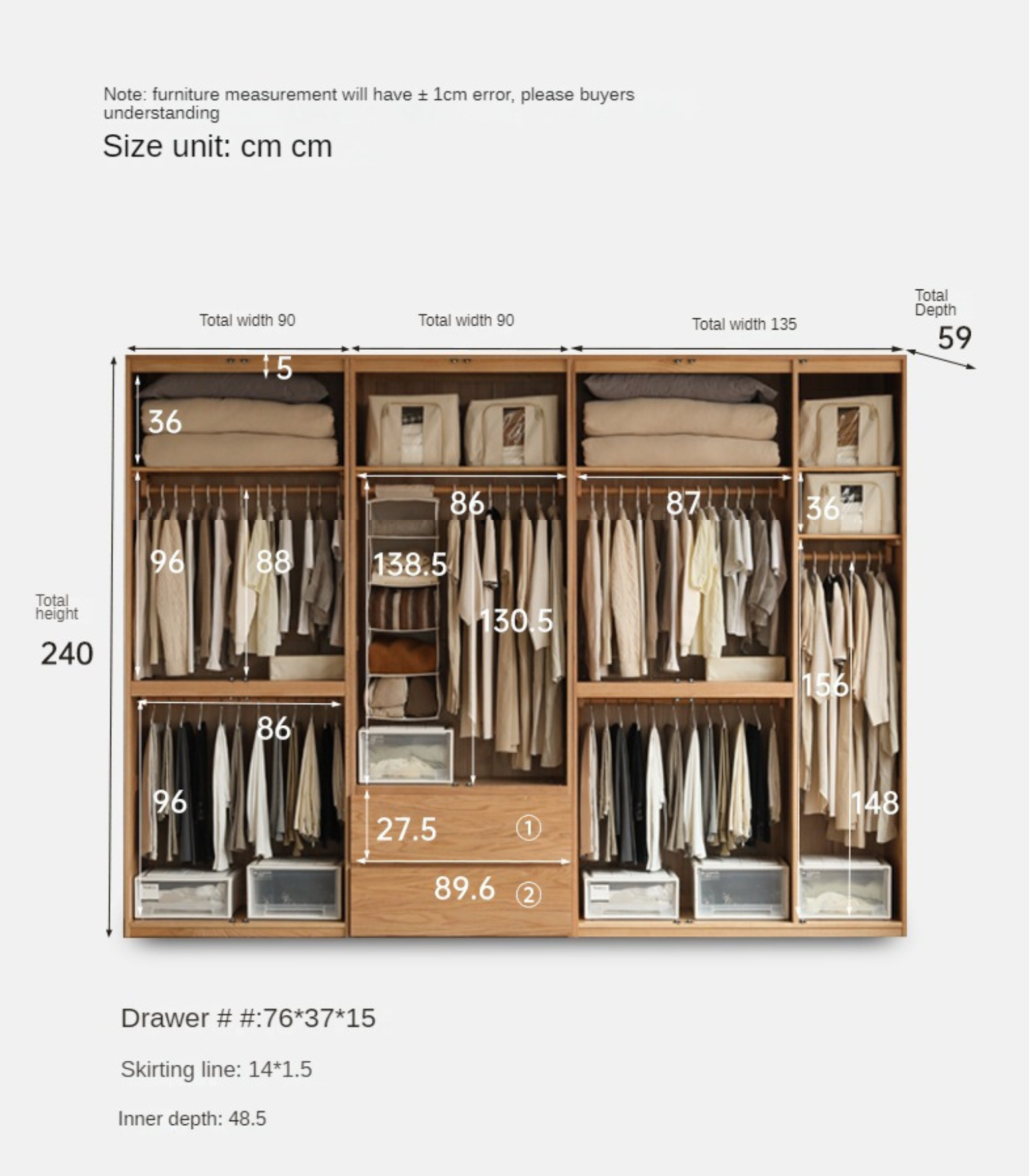 Oak Solid Wood Sectional Wardrobe - Spacious Modular Closet Organizer for Bedroom & Walk-in Closets | Durable Storage Solution for Clothes, Shoes & Accessories