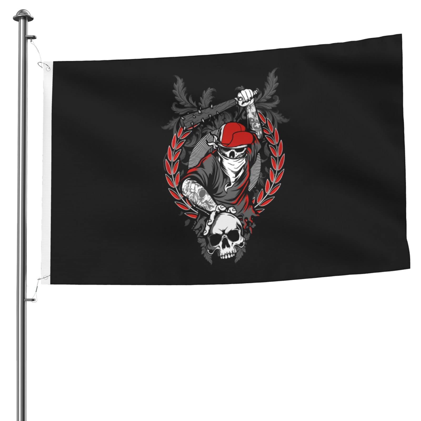 POOEDSO Bandit Skull Flag - 5x8 Ft Double Sided Outdoor Polyester Flag with Funky Hat & Skeleton Hand Holding Crossed Baseball Bats - Lightweight Funny Yard Decoration for Halloween, Man Cave, Tailgating Parties & Home Decor