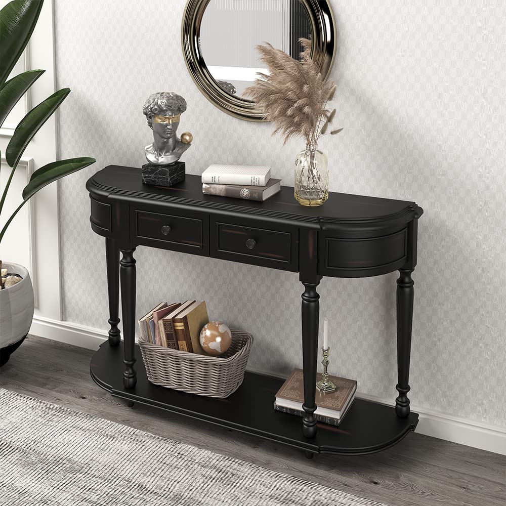 Vintage Curved Console Table with 2 Drawers - Solid Wood Frame Entryway Sofa Table for Living Room, Kitchen & Hallway - Black