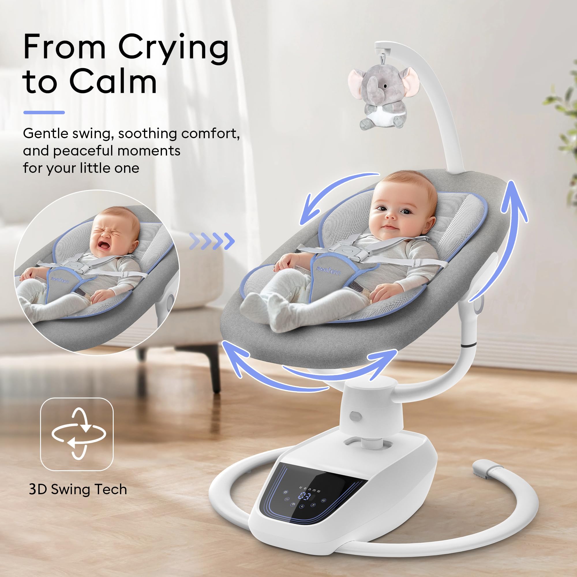 3D Motion Electric Baby Swing for Infants - Adjustable Height & 360° Rotating Seat with 5 Swing Modes, 4 Speeds & Remote Control - Perfect for Newborns 0-12 Months (Light Grey) | Ideal for Nursery, Bedroom & Soothing Fussy Babies