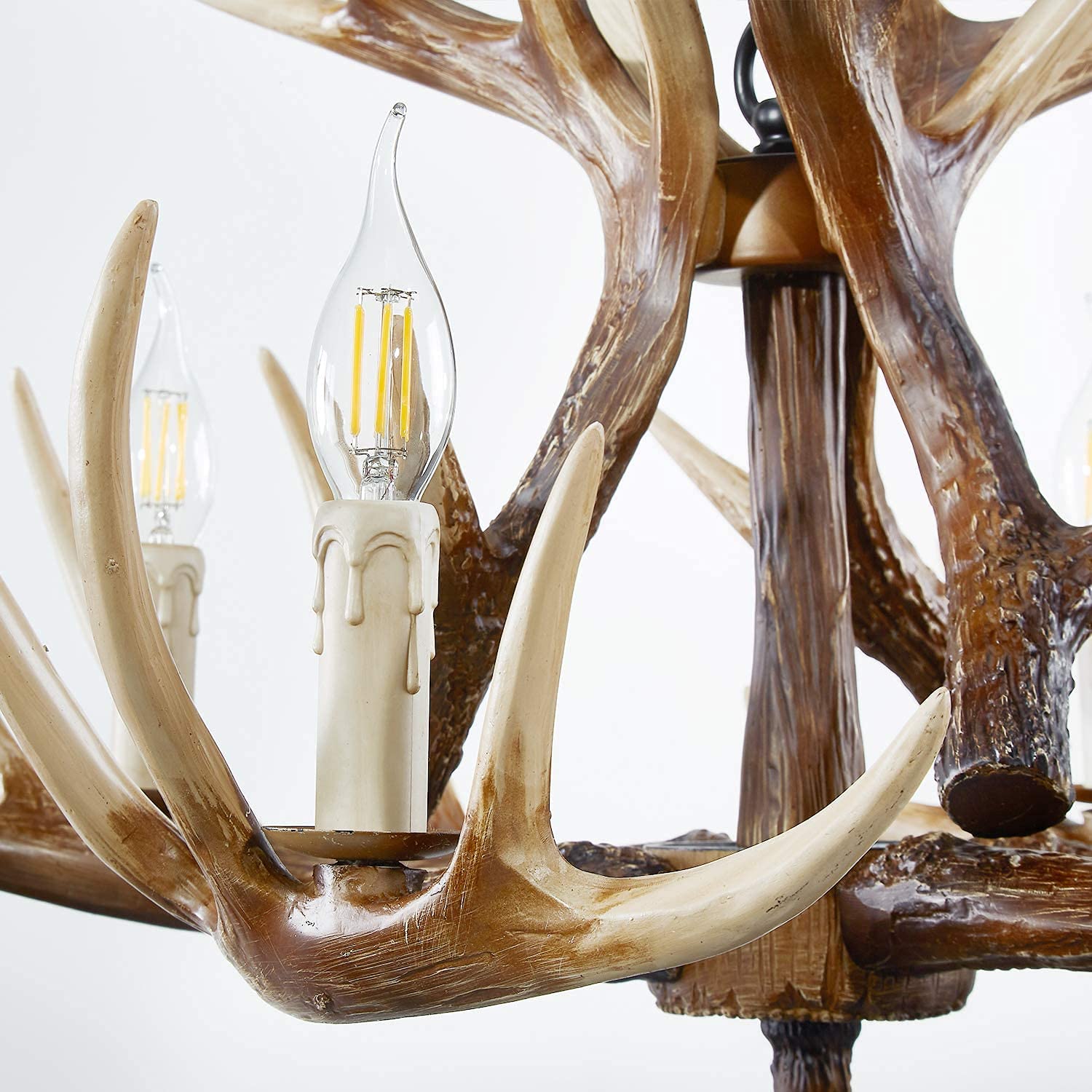 12-Light Resin Deer Antler Chandelier - Double Layer Rustic Country Style Horn Lighting Fixture for Living Room & Dining Room - Perfect for Cabin, Lodge, and Western-Themed Decor (15 Antlers)