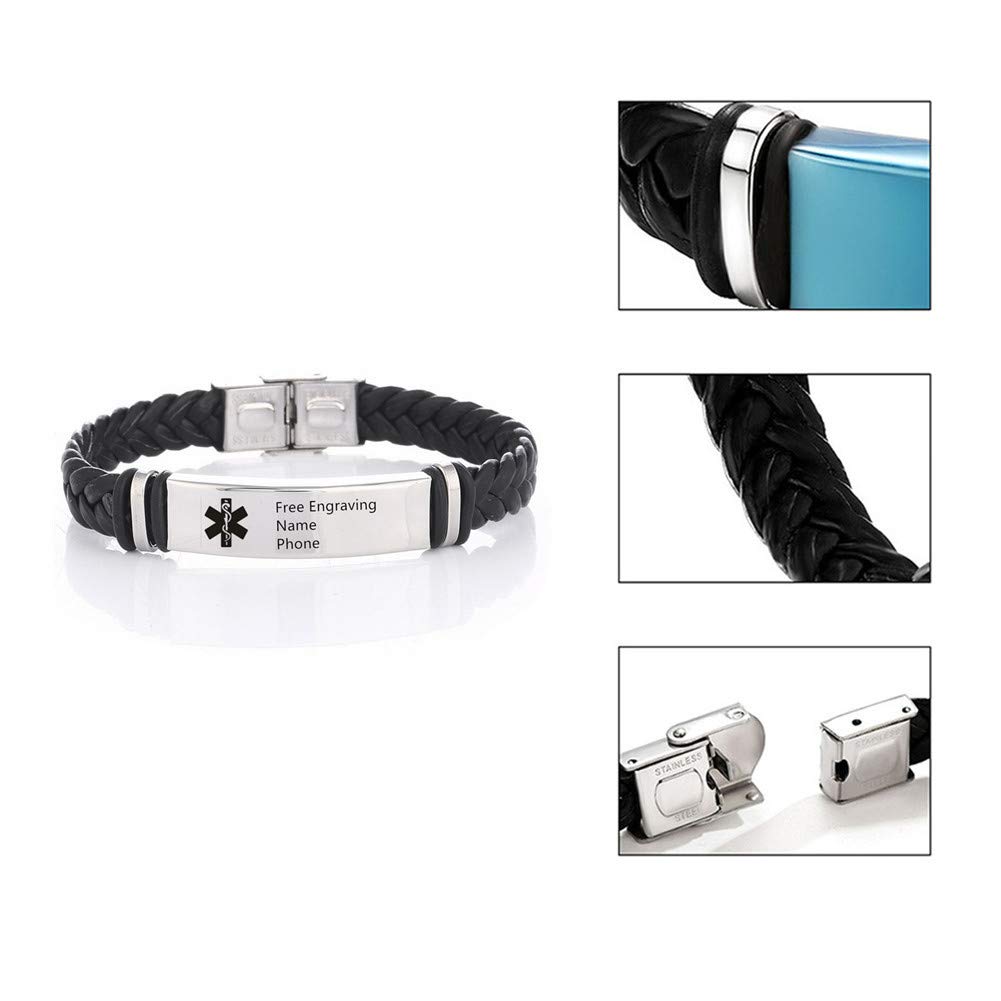 Adjustable Braided Leather Medical Alert ID Bracelet for Men & Women - Emergency Identification Wristband with Allergy Awareness - Perfect for Daily Wear, Travel & Health Safety