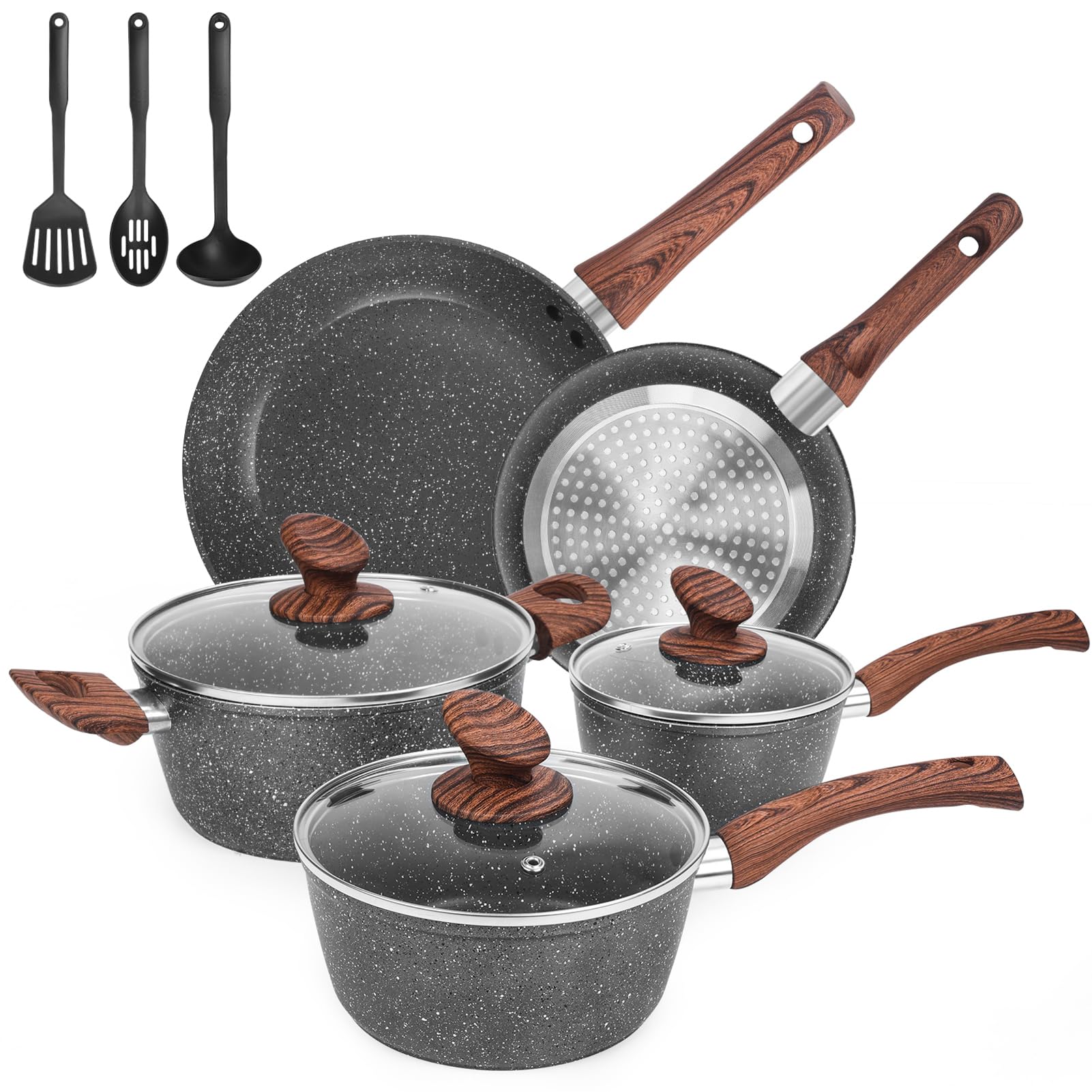 Premium 11-Piece Granite Nonstick Cookware Set - Frying Pan, Sauce Pan, Stockpot with Stay-Cool Handles - Gas & Induction Compatible, PFOA-Free - Perfect for Home Cooking, Professional Kitchens & Everyday Meal Prep
