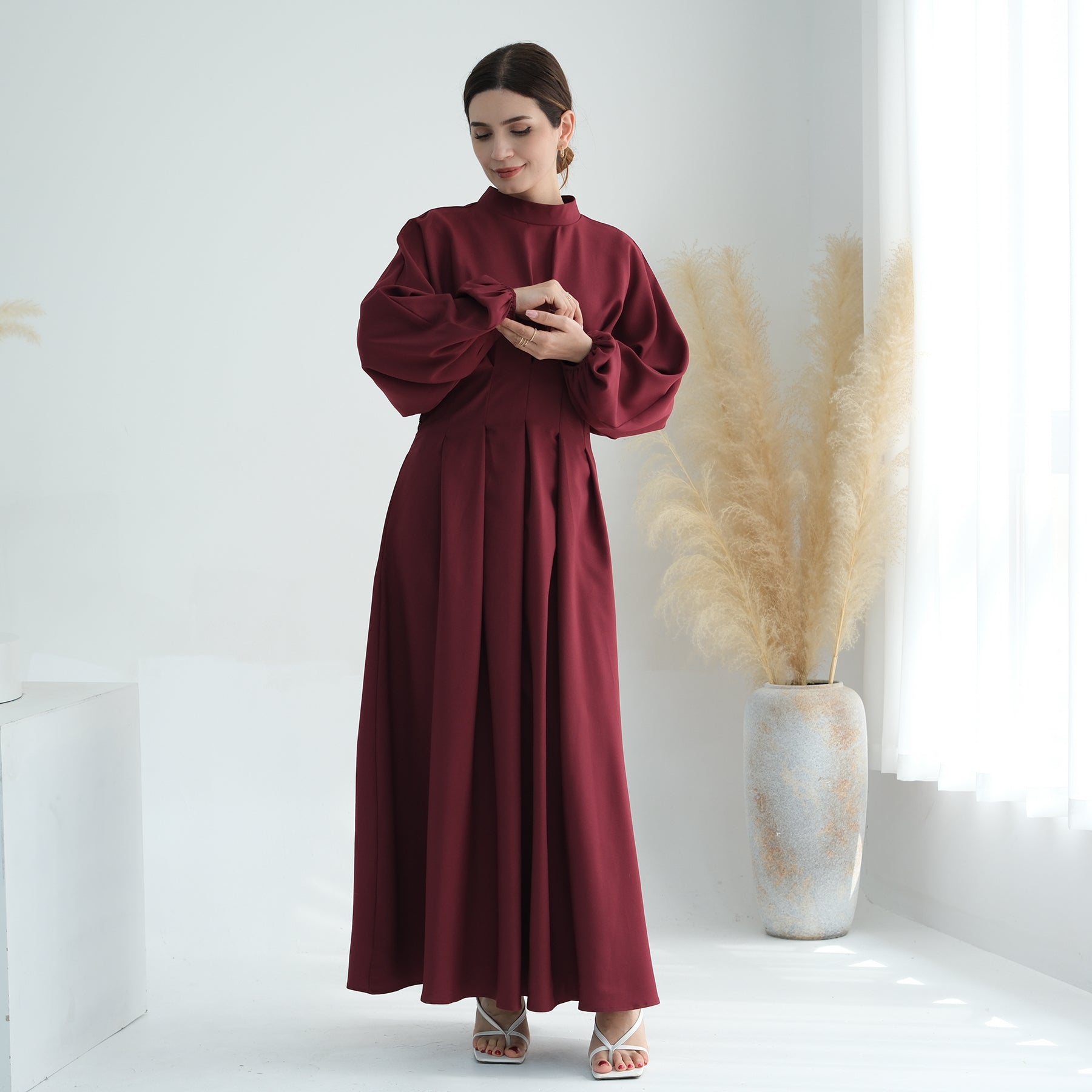Madison Long Sleeve Maxi Dress for Women - Elegant Wine Red Flowy Formal Gown with Side Slits, Perfect for Weddings, Parties & Special Occasions