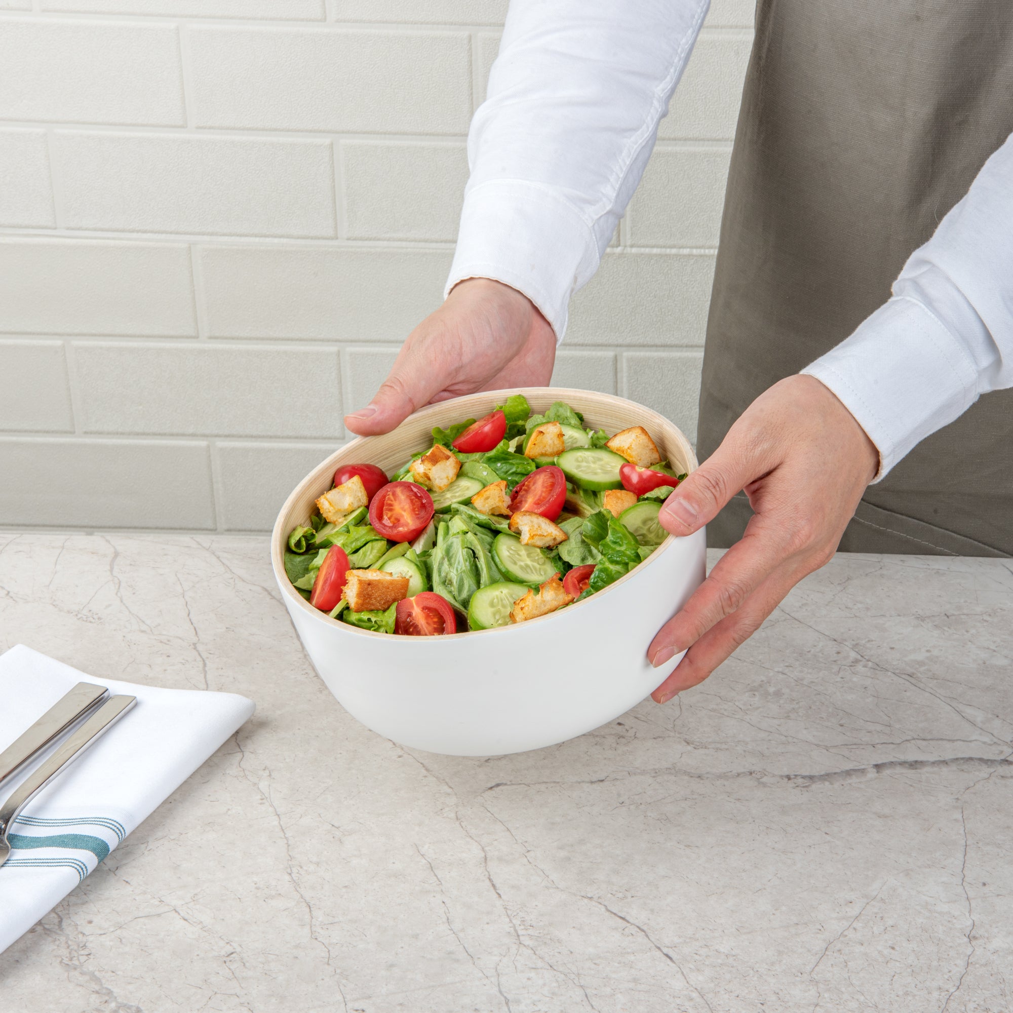 Bambuddha 15 oz Round White Spun Bamboo Small Salad Bowl - 7.75