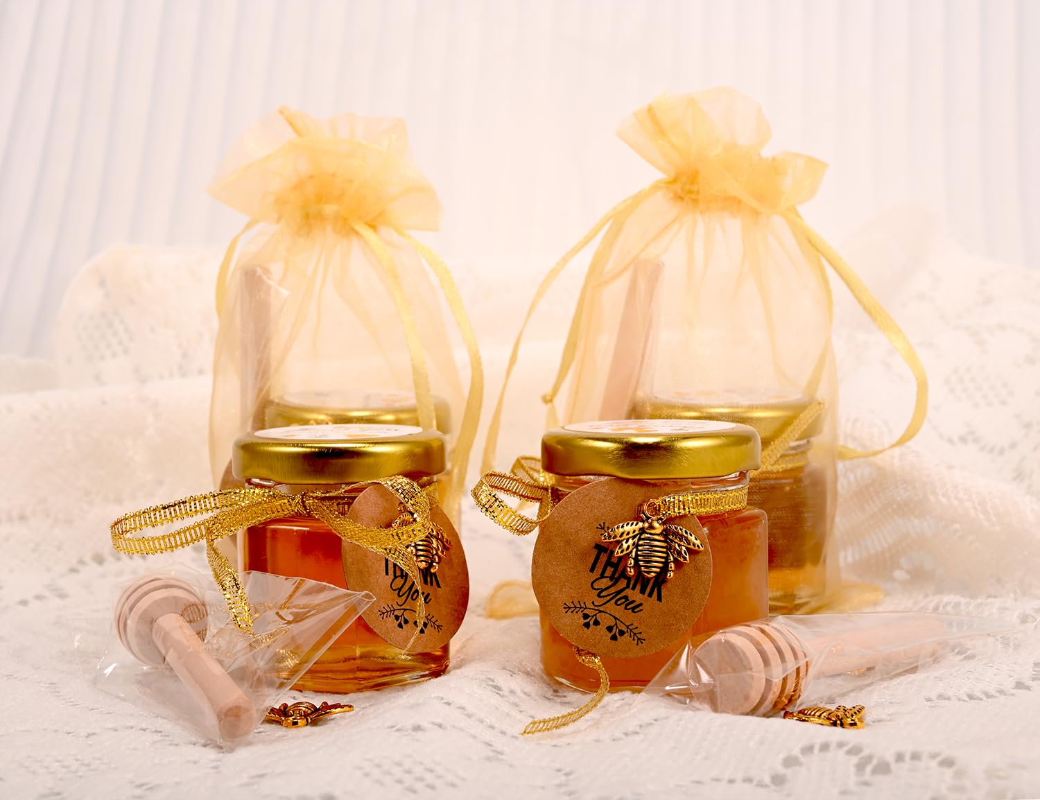 Ahhute Mini Honey Jars with Dipper - 20 Pack 1.5oz Hexagon Glass Honey Pots with Lid, Bee Charms & Fabric Ribbons - Perfect for Baby Shower Favors, Wedding Party Favors & Gift Giving - Great for Honey Sampling, DIY Gifts & Event Decorations