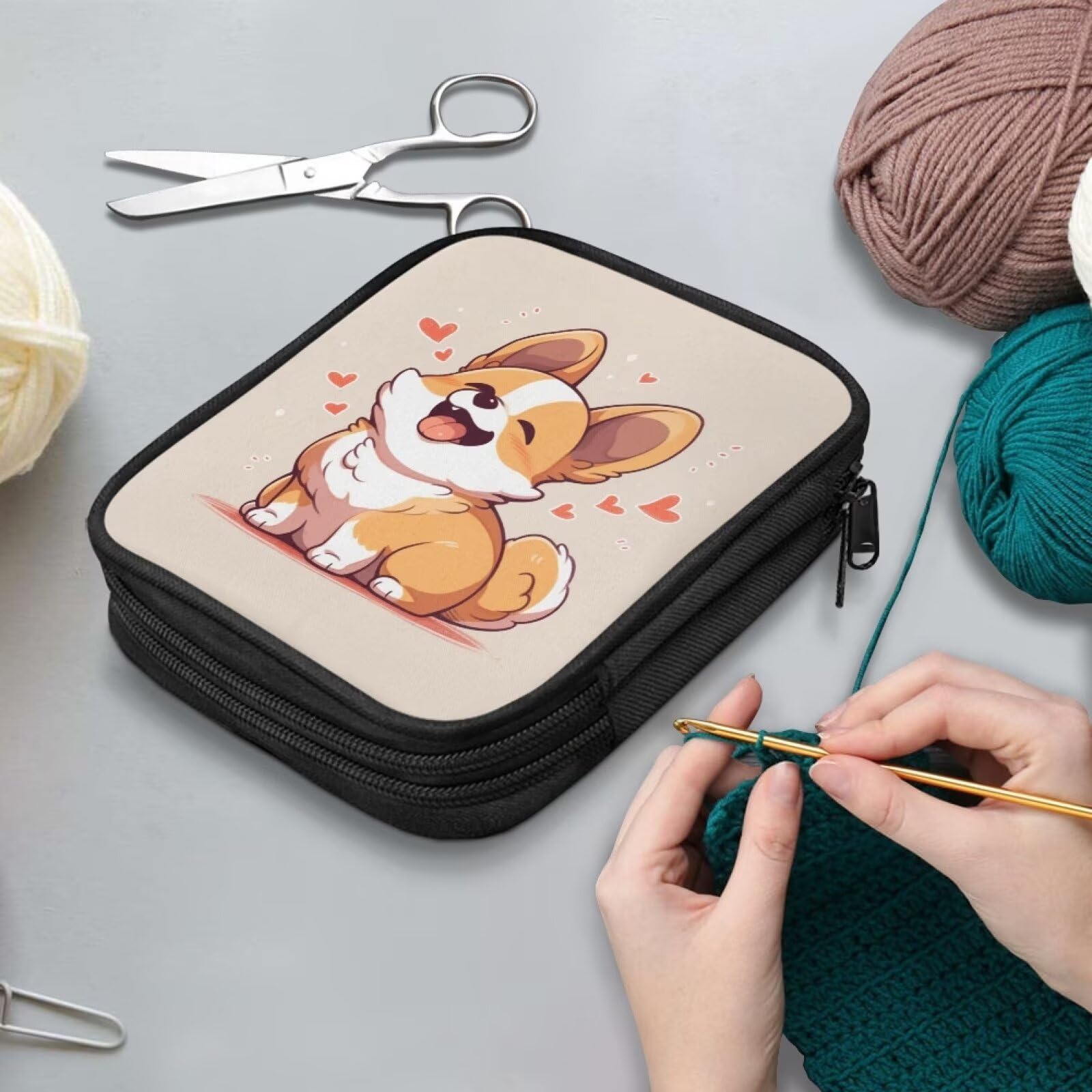 Corgi Crochet Hook Case - Zippered Knitting Needle Organizer with Mesh Pocket for Crochet Hooks, Lighted Hooks & Accessories | Portable Storage Bag for Crocheting at Home, Travel & Craft Projects