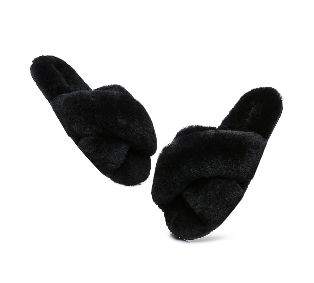 Australian Shepherd® UGG Women's Fluffy Crossover Slide Slippers - Cozy House Shoes for Indoor Comfort & Lounge Wear