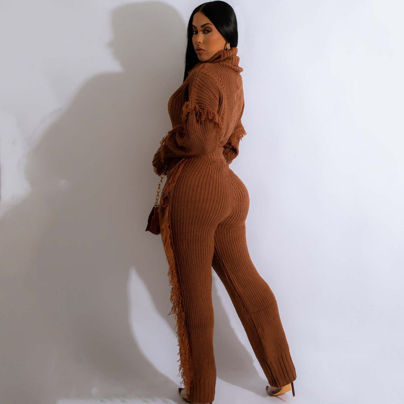 Solid Color Knitted Long Sleeve Fringe Suit - Women's Elegant Loungewear for Home, Office & Casual Outings