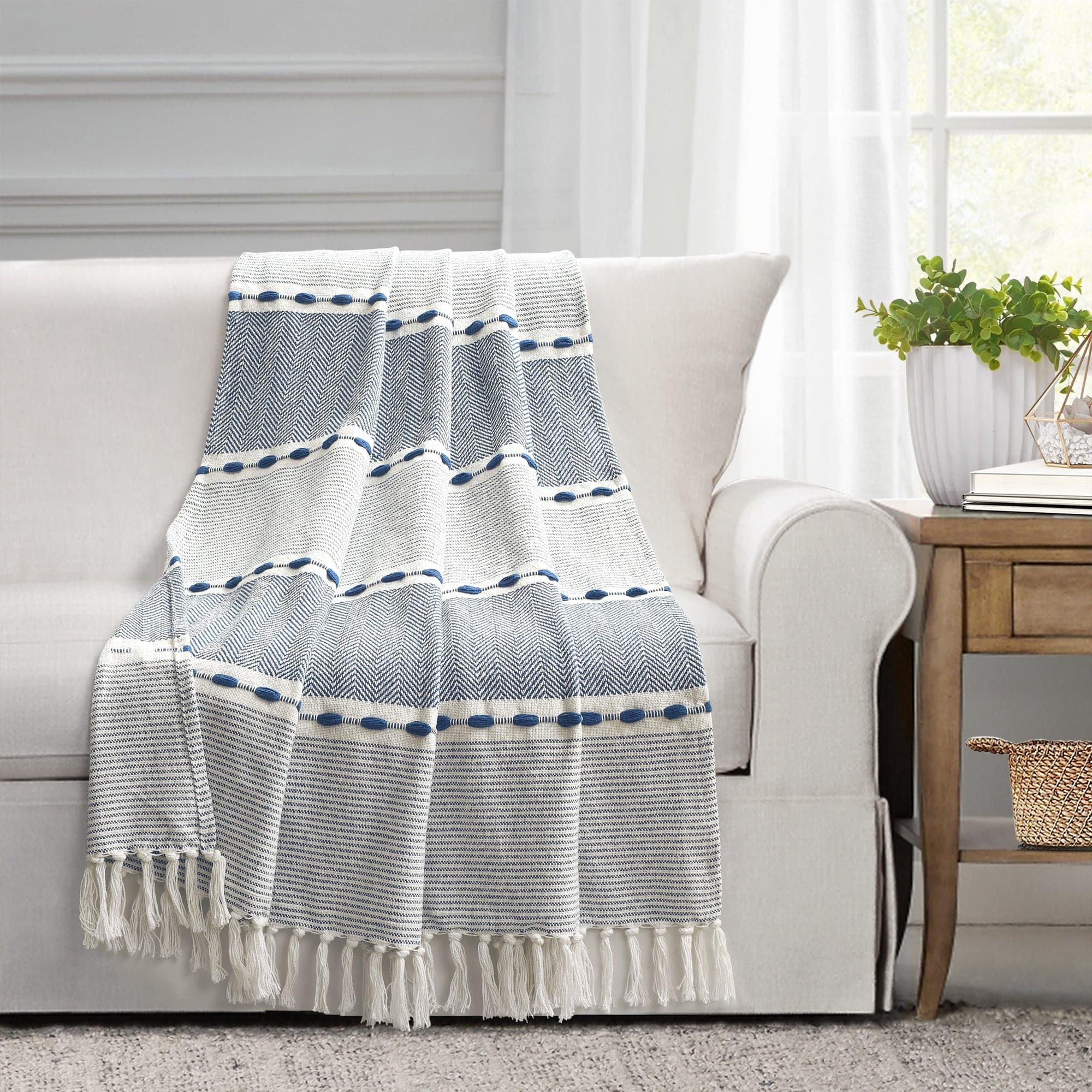 Herringbone Stripe Yarn-Dyed Cotton Woven Tassel Throw Blanket - Soft & Cozy Decorative Couch Cover for Living Room, Bed, Sofa