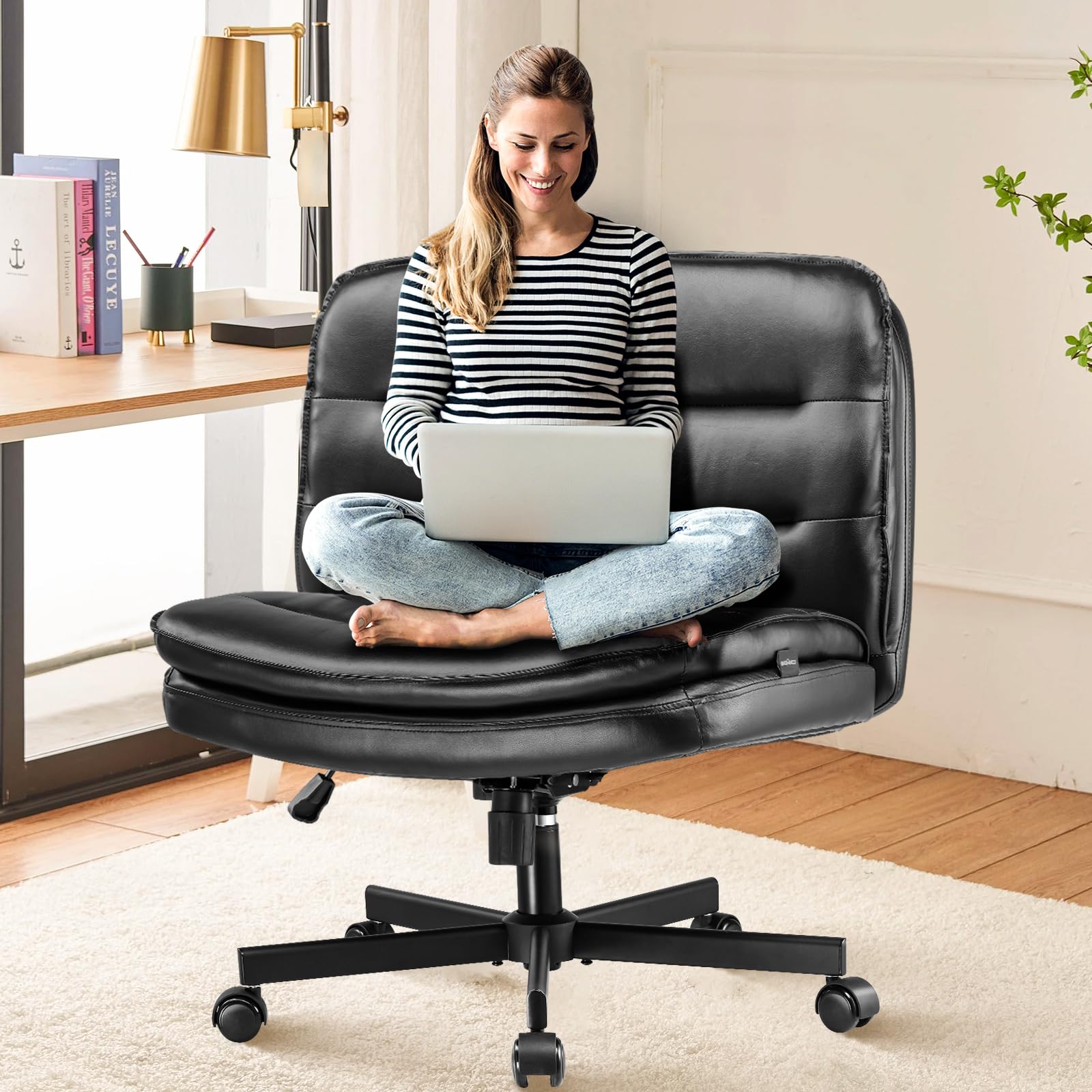 Criss Cross Legged Office Chair with Wheels - Armless Swivel Desk Chair, Wide Seat & Height Adjustable for Home Office, Computer Task, Vanity - Perfect for Cross-Legged Sitting, Work & Study