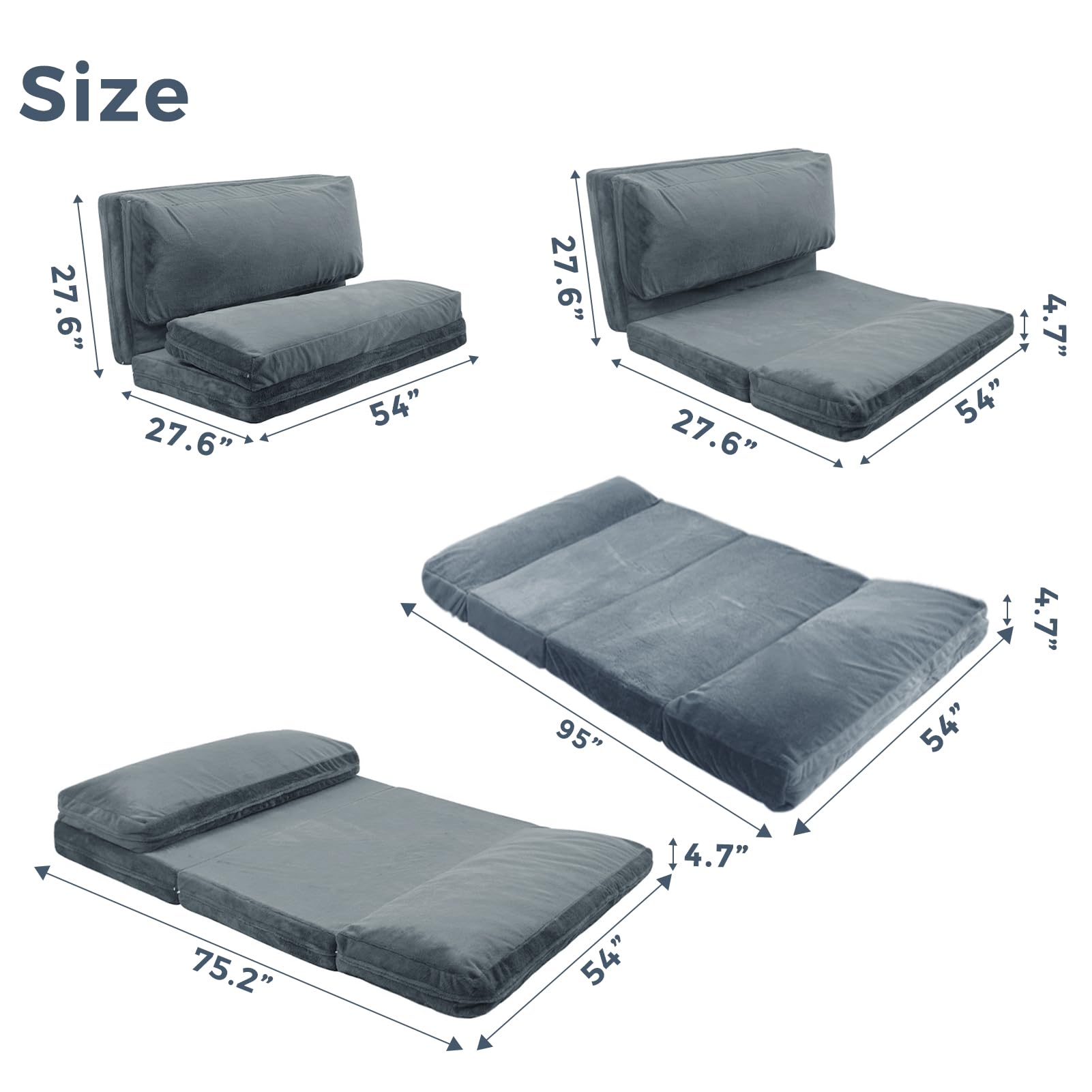 MAXYOYO Extra Thick Folding Bean Bag Sofa Bed - 54x95 Inch Large Floor Mattress for Adults with Washable Faux Fur Cover, Dusty Blue - Perfect for Bedroom, Living Room, Dorm & Guest Room - Versatile as Floor Couch, Lounger or Temporary Guest Bed