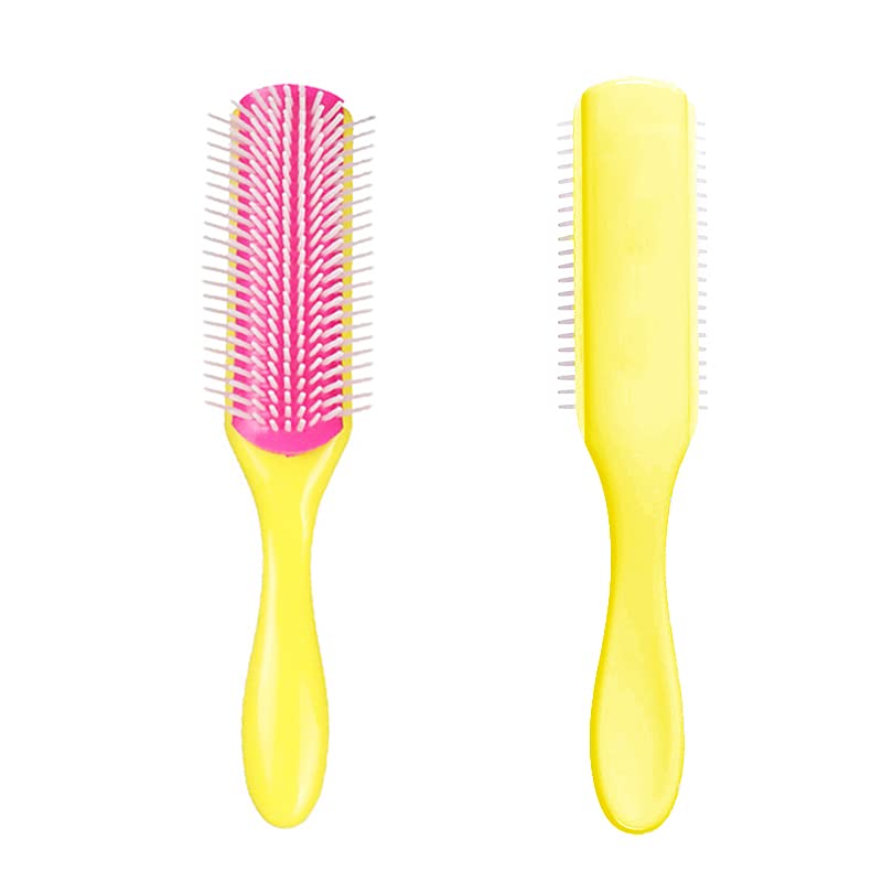 NuAngela 9 Rows Detangling Hair Brush for Curly Hair - Easy Clean Removable Styling Brush for Smoothing, Blow-Drying & Defining Curls - Perfect for Home, Salon & Travel Use (Yellow)
