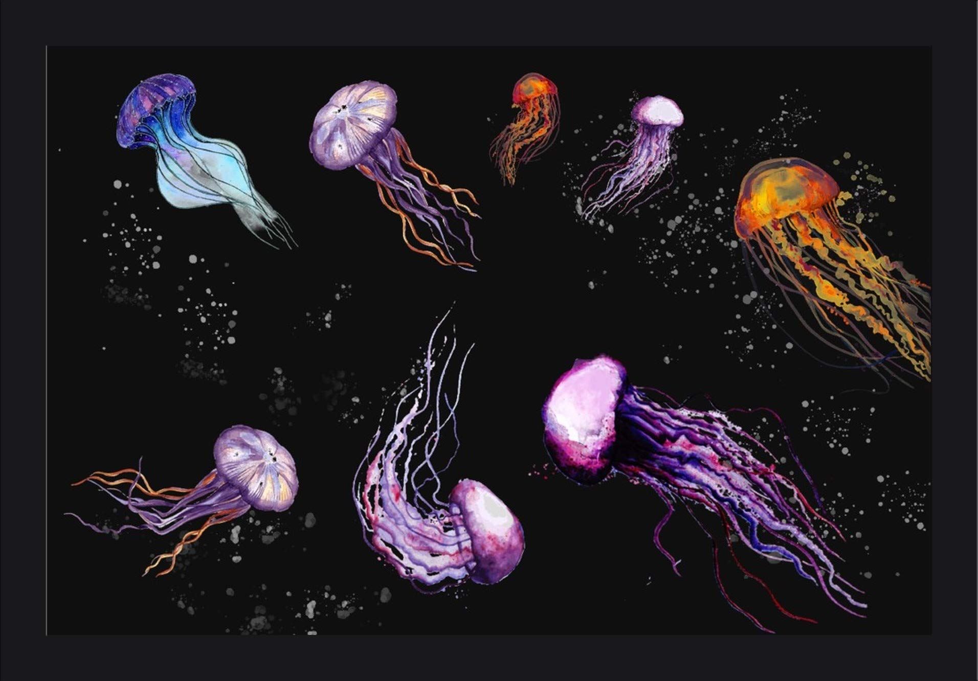 Jellyfish Watercolor Art Print on Black - 16x24 Giclee Fine Art with Recycled Wood Frame - Perfect for Living Room, Bedroom & Office Wall Decor