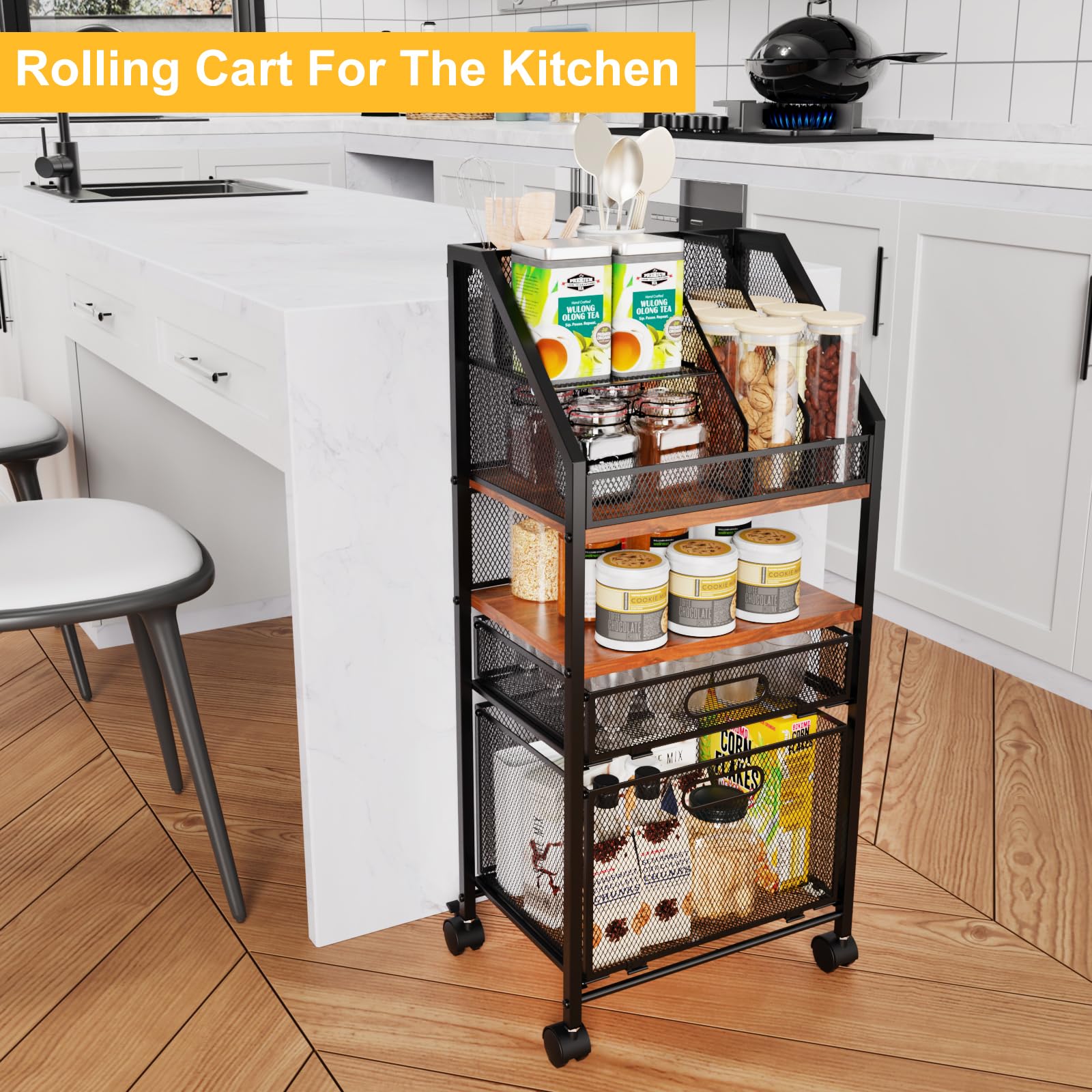 2-Drawer Rolling File Cart with Lockable Wheels - Wood & Mesh Under Desk Organizer for Office, School & Home - Space-Saving Storage Solution for Files, Supplies & Documents