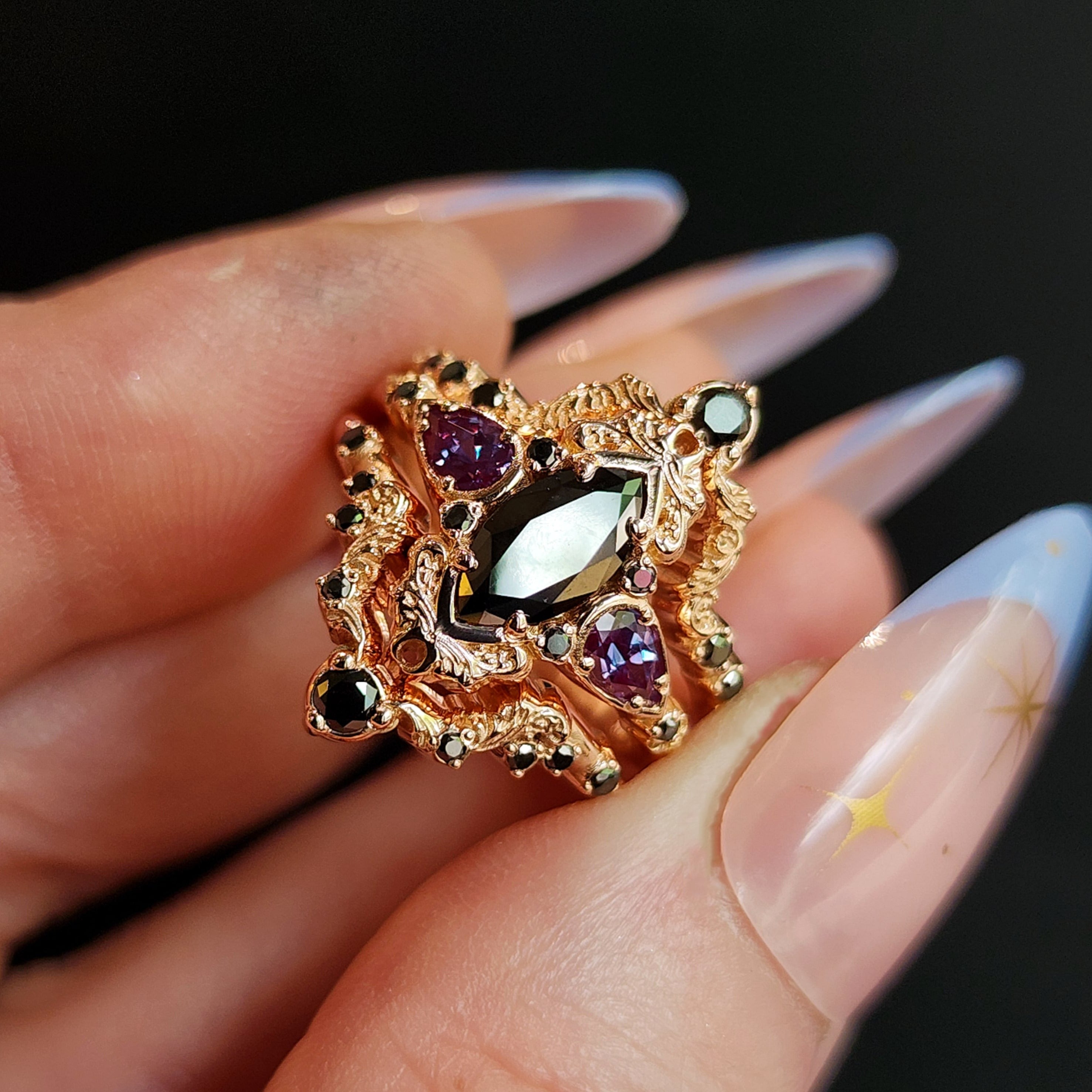 Odile Black Diamond Marquise Engagement Ring Set with Pear Side Stones & 14K Rose Gold Scrolls – Gothic Fairytale Dark Romance Wedding Jewelry for Brides & Alternative Fashion Lovers