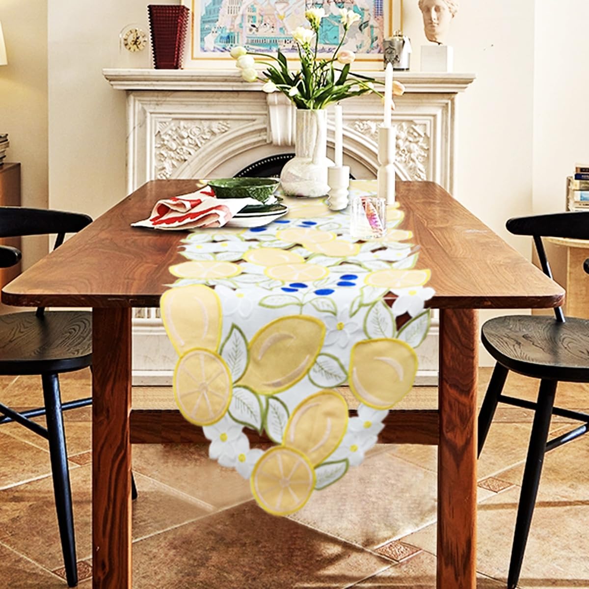 Bringsine Floral Embroidered Table Runner with Lemon & Butterfly Design - 14 x 72 Inch Spring Summer Decorative Dresser Scarf for Dining Table, Buffet, Wedding & Home Decor