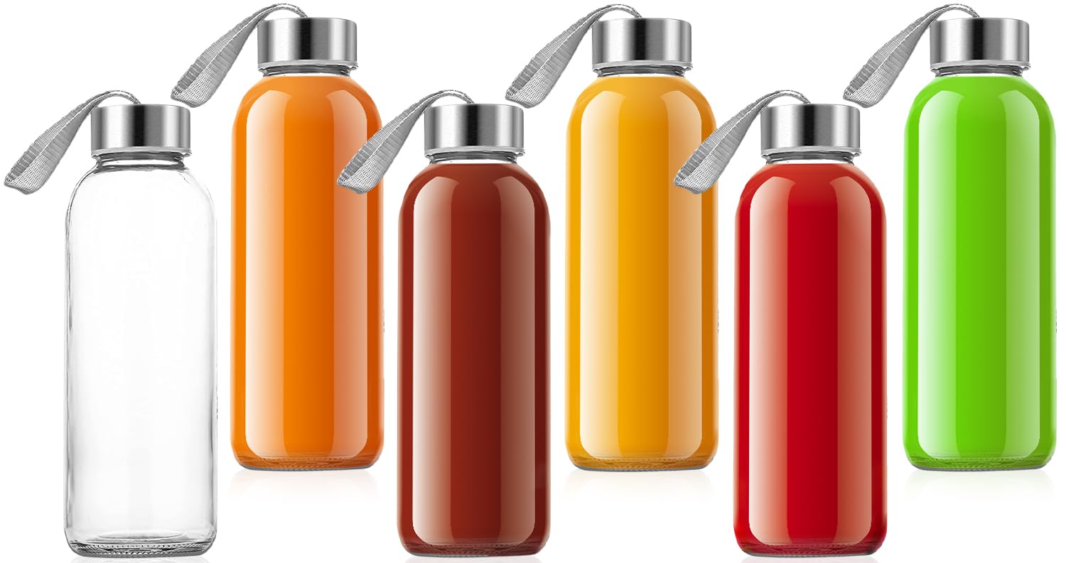 QCen 18oz Clear Glass Juice Bottles with Leak-Proof Stainless Steel Lids - BPA Free Reusable Wide Mouth Water Bottles for Juicer Machine (Set of 6) - Perfect for Fresh Juices, Smoothies & Healthy Drink Storage