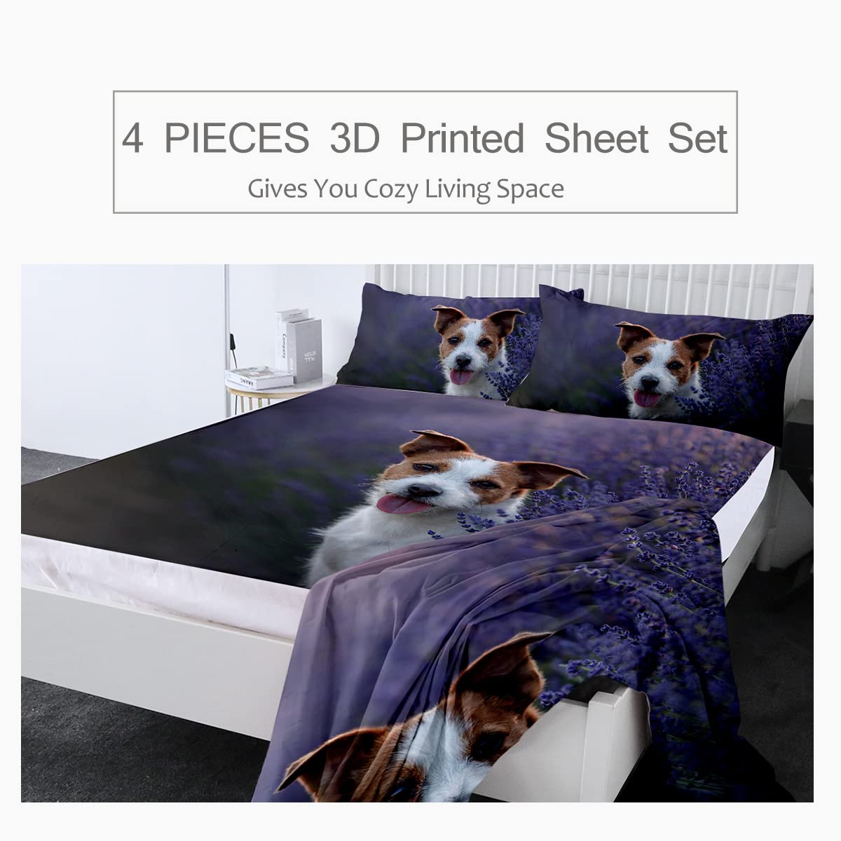 Sleepwish Jack Russells Dog Queen Size Sheet Set - 4 Piece Soft Lavender Floral Bedding with Fitted Sheet, Flat Sheet & 2 Pillow Shams | Perfect for Pet Lovers' Bedrooms, Guest Rooms & Cozy Home Decor