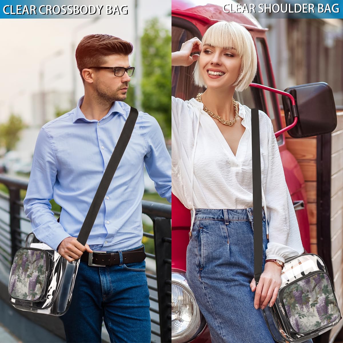 Purple Vine Flower Clear Crossbody Purse - Stadium Approved Transparent Bag for Concerts & Sports Events - Trendy Clear Purse for Women & Men - Perfect for Music Festivals, Stadium Games & Night Out
