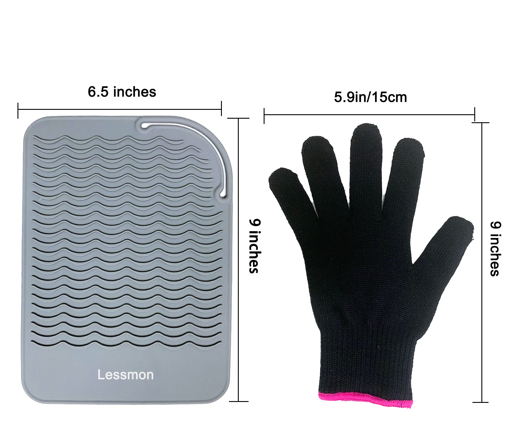 Heat Resistant Travel Mat for Curling Iron & Hair Straightener - 9”x6.5” Gray Counter Protector with Heat Resistant Glove | Perfect for Salon, Home & Travel Styling | Lessmon