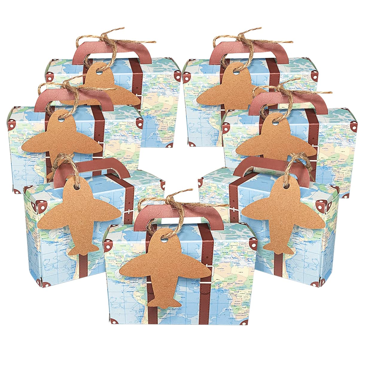 Vintage Kraft Paper Candy Boxes for Travel Theme Party - 50pcs Airplane Design Suitcase Favor Boxes for Wedding, Birthday, Bridal Shower & Baby Shower | Perfect for Travel-Themed Events, DIY Party Decorations & Sweet Treat Packaging