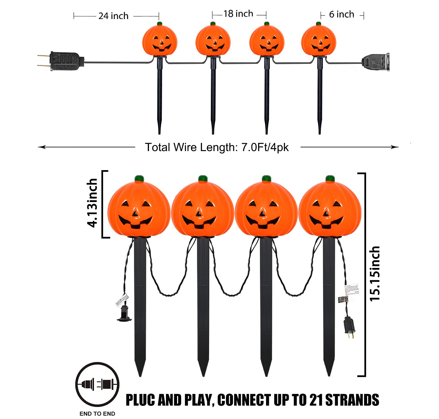 Halloween Pumpkin Pathway Stake Lights - 7 Ft Outdoor String Lights with 4 C7 Bulbs for Driveway, Garden & Walkway Decor | Waterproof Halloween Party Lighting for Yard, Porch & Holiday Decorations