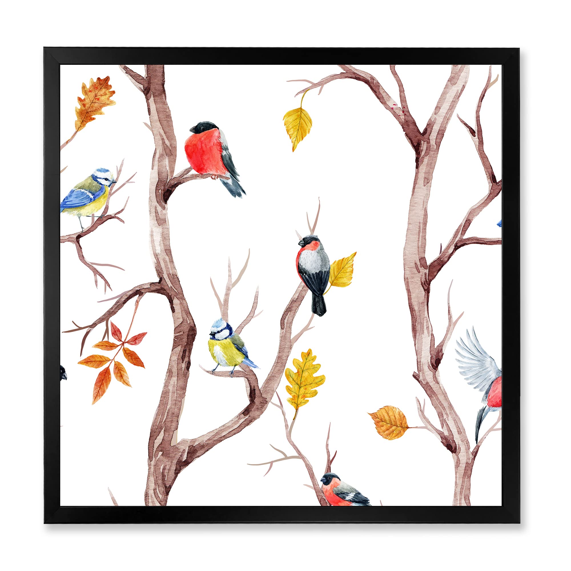 DesignQ Fall Trees and Little Birds Traditional Framed Wall Art - Autumn Landscape Painting for Home Decor, Living Room, Bedroom & Office
