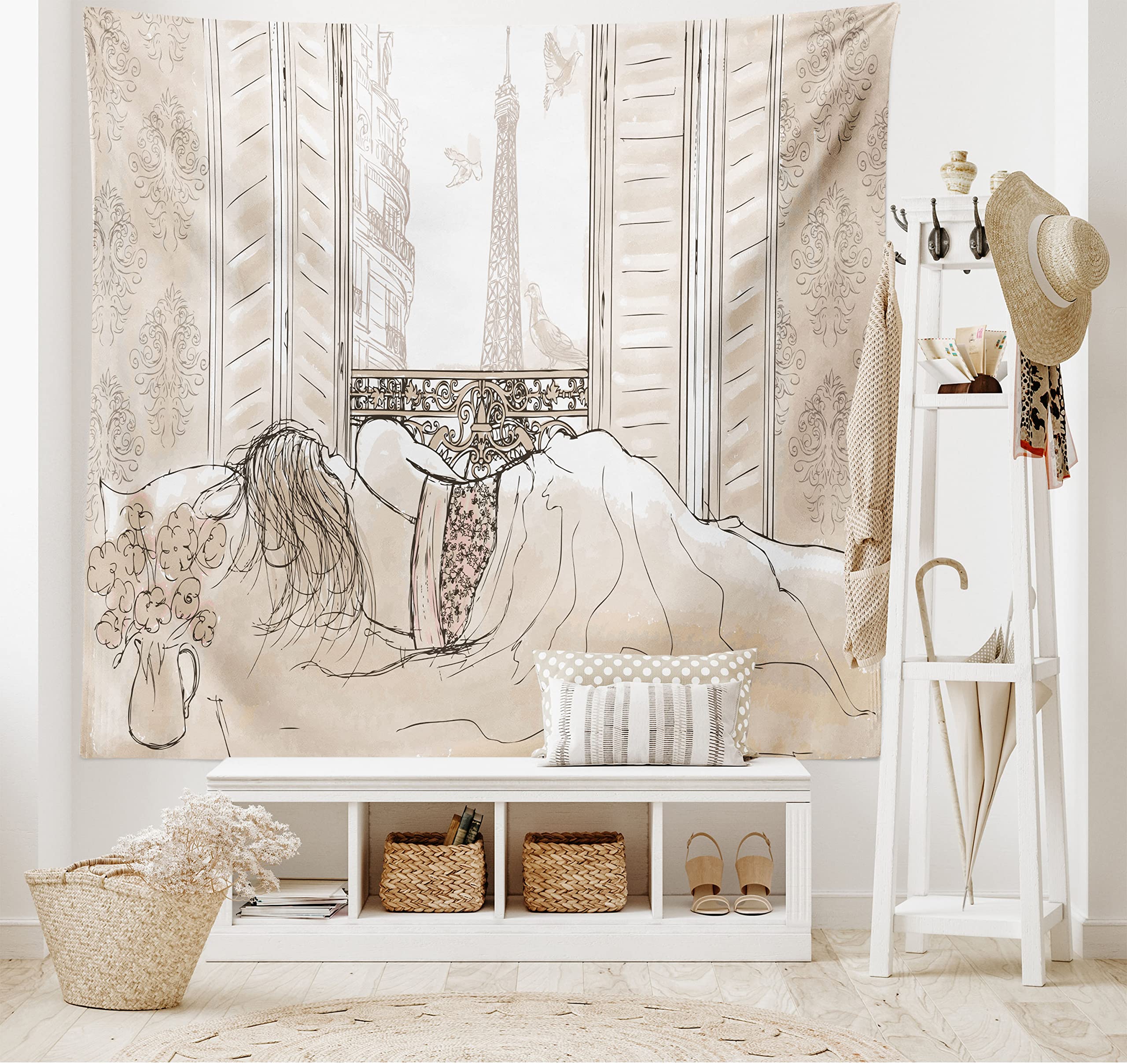 Ambesonne Paris Tapestry Wall Art - Romantic Sketch of Parisian Woman Sleeping with Eiffel Tower View | 28x23 Inch Cream Fabric Wall Hanging Decor for Bedroom, Living Room, Dorm | Perfect for French Theme Decor & Boho Chic Home Styling