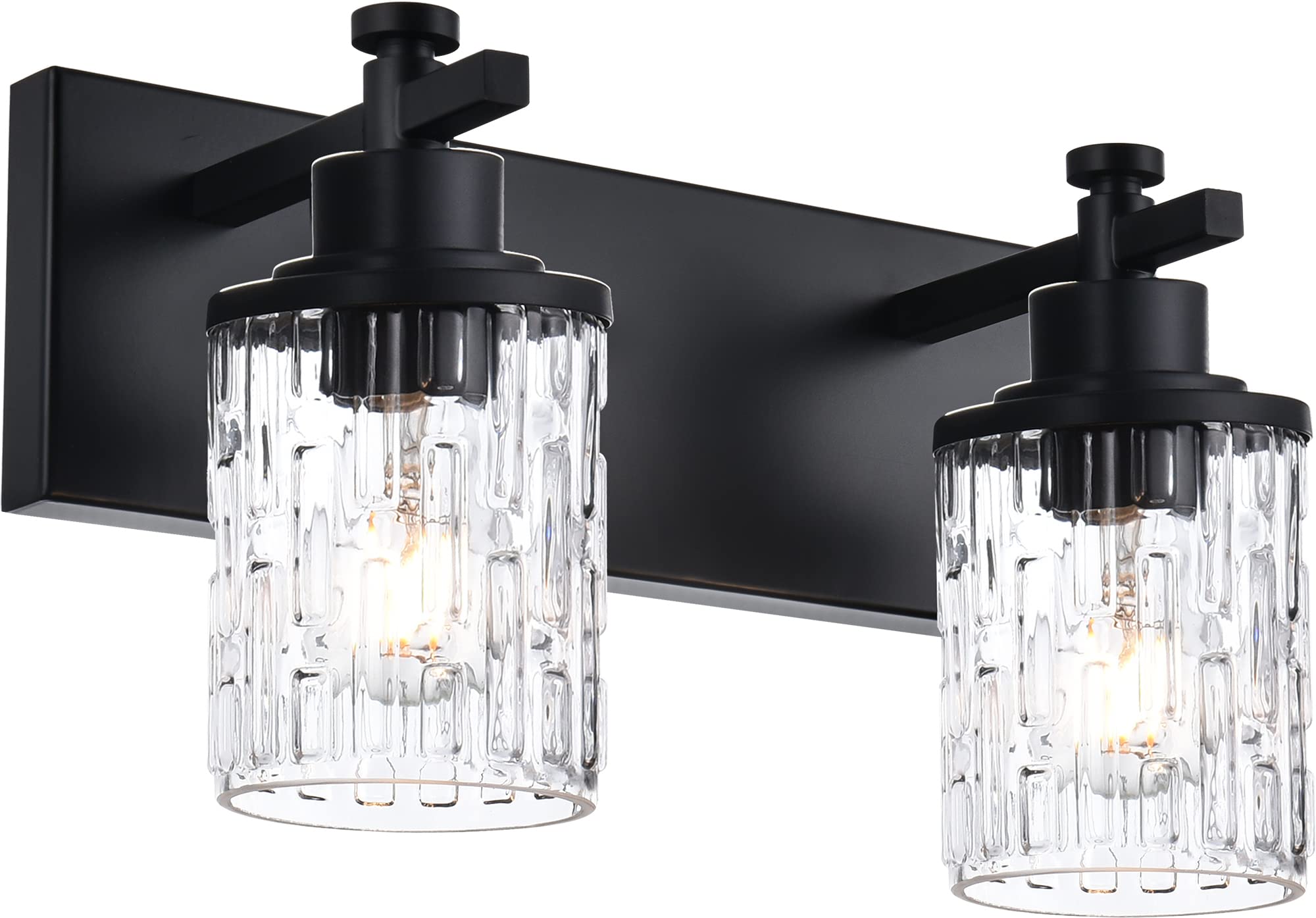 MELUCEE 2-Light Black Industrial Vintage Wall Sconce with Clear Grid Glass Shade - Bathroom Vanity Lights, Hallway Lighting Fixture, Bedroom Wall Lamp for Home Decor