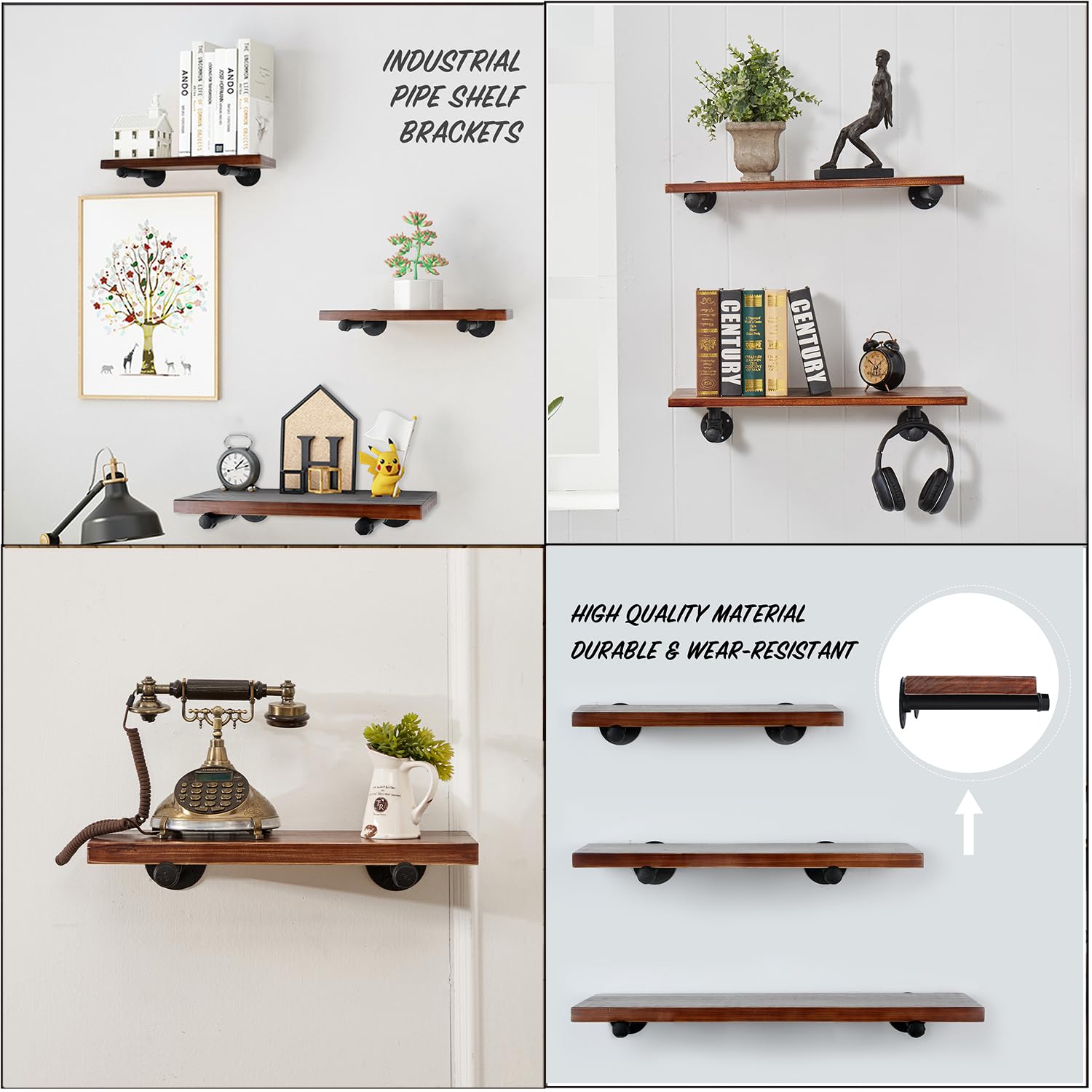 Industrial Black Iron Pipe Shelf Brackets 10 Inch - Heavy Duty Wall Mount DIY Shelving Brackets for Rustic Home Decor, Clothing Rack & Pipe Decor (8 Pack with Hardware) - Perfect for Living Room, Bedroom & Garage Storage