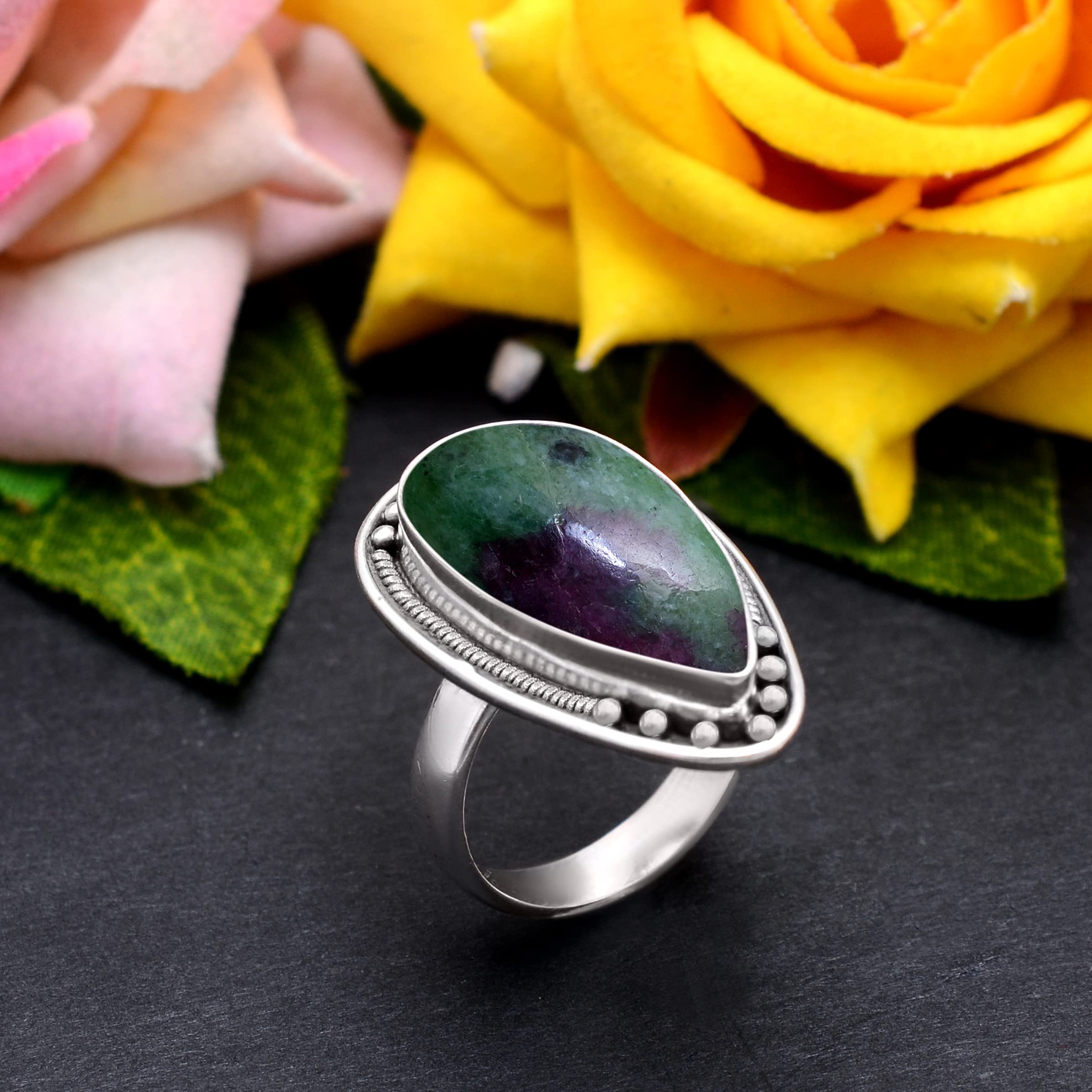Veracity Jewelry Ruby Zoisite Ring for Women - 925 Sterling Silver Bohemian Style Ring with Natural Green & Red Gemstone - Handmade Unisex Jewelry Gift (VSR-207) | Perfect for Weddings, Parties & Boho Fashion