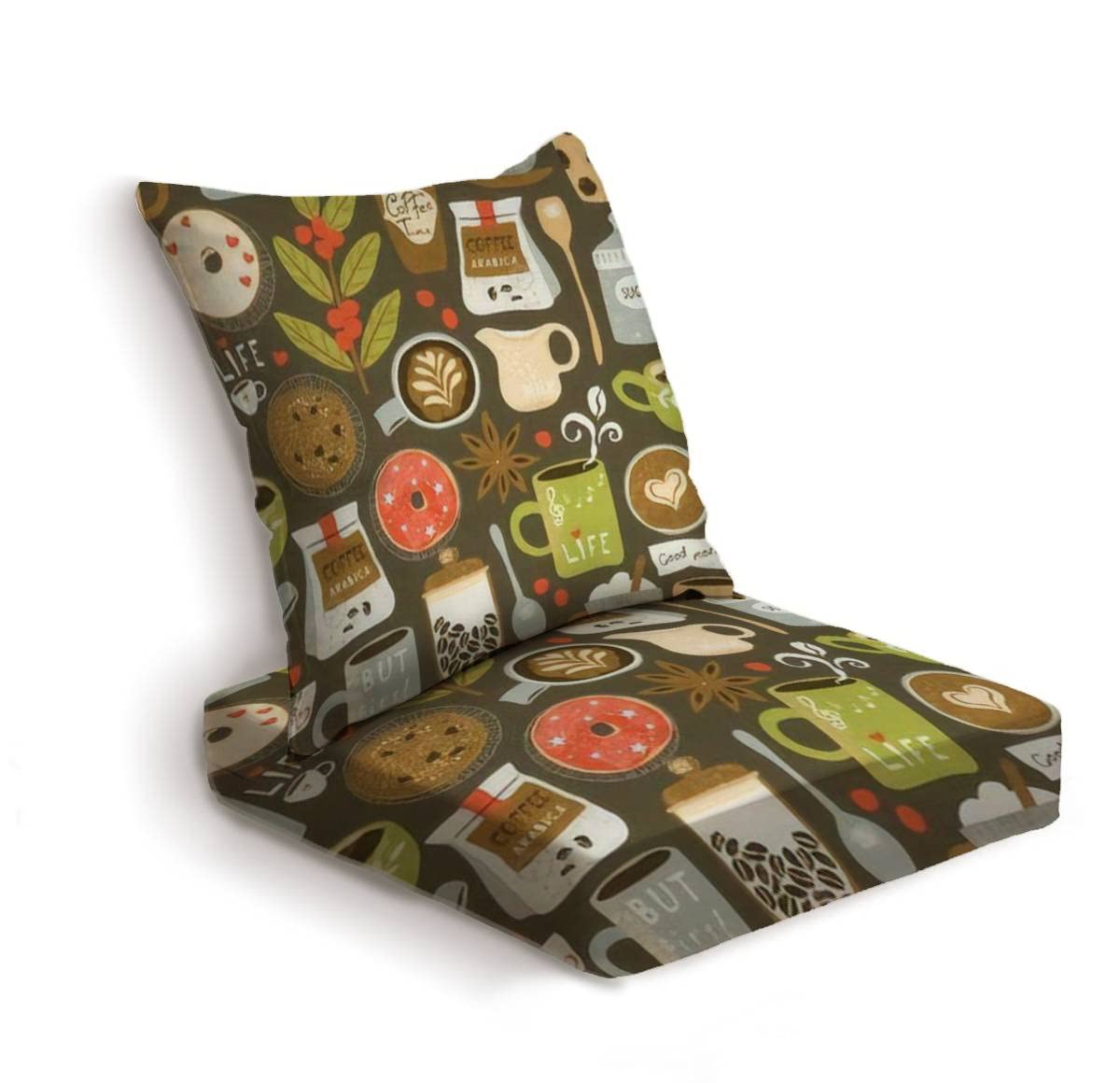 2-Piece Outdoor Deep Seat Cushion Set with Coffee Theme - Replacement Cushions for Patio Furniture, Lounge Chairs & Conversation Sets - Perfect for Backyard Relaxation, Coffee Breaks and Outdoor Entertaining