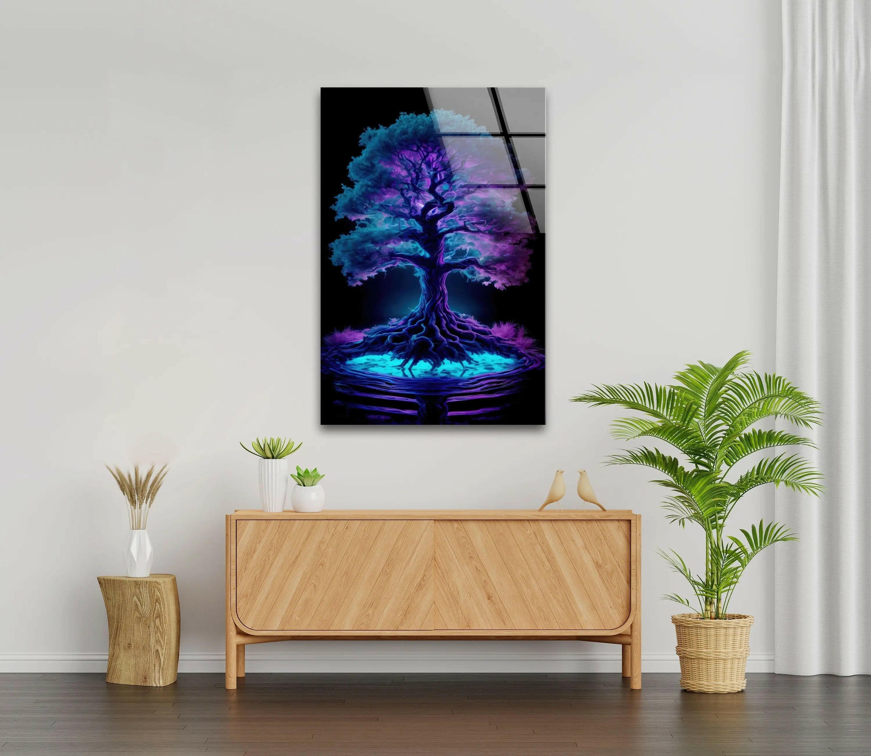 Handmade Blue Purple Tree Stained Glass Wall Art - Nature Inspired Sun Catcher Window Decor for Living Room, Bedroom & Office