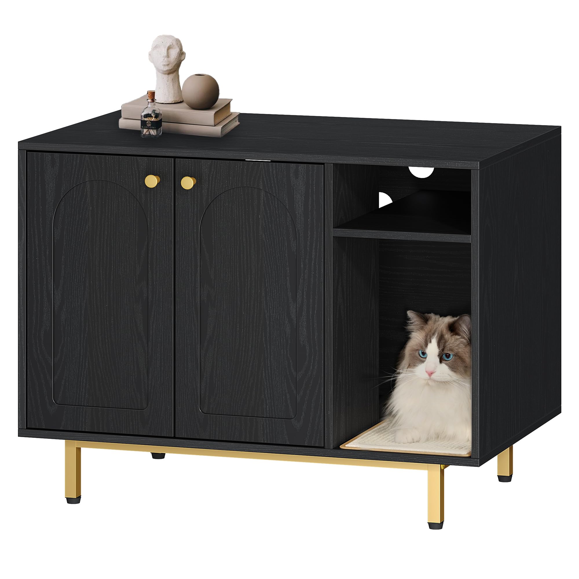 Hidden Cat Litter Box Furniture Enclosure - Wooden Pet House Side Table with Storage Cabinet, Modern Living Room & Bedroom Bench (31.5