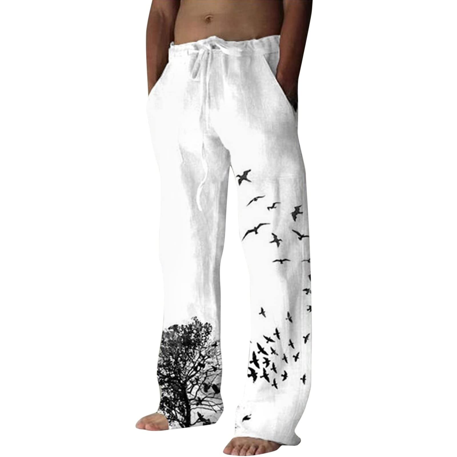 Men's Summer Casual Pants with Drawstring & Pockets - Full Length Trousers in Tree & Bird Print - Perfect for Outdoor Activities, Travel, and Everyday Wear
