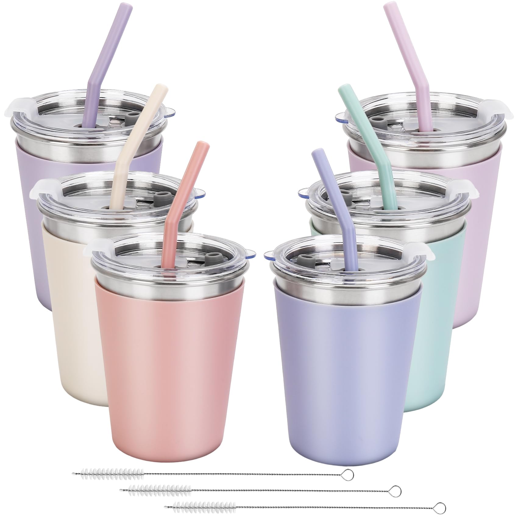 6 Pack 12oz Spill-Proof Kids Straw Cups with Silicone Sleeve - Stainless Steel Sippy Cups with Lids & Straws for Boys, Girls & Adults - Perfect for School, Travel & Outdoor Activities