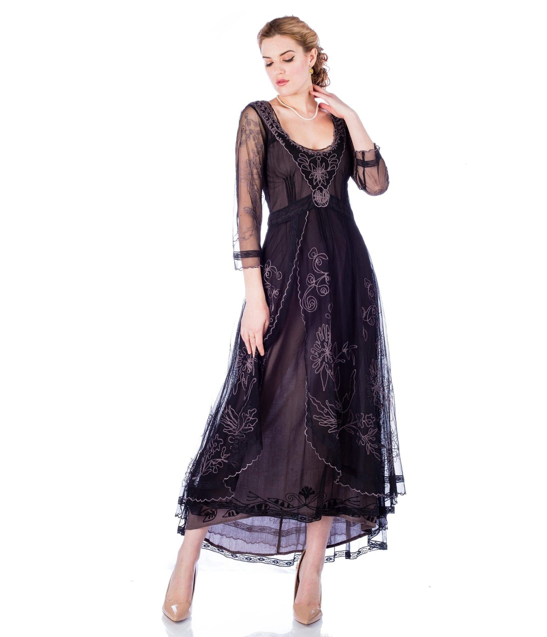 Nataya Black Embroidered Tulle Downton Abbey Edwardian Tea Party Dress - Vintage Inspired Formal Gown for Costume Parties, Weddings & Special Occasions