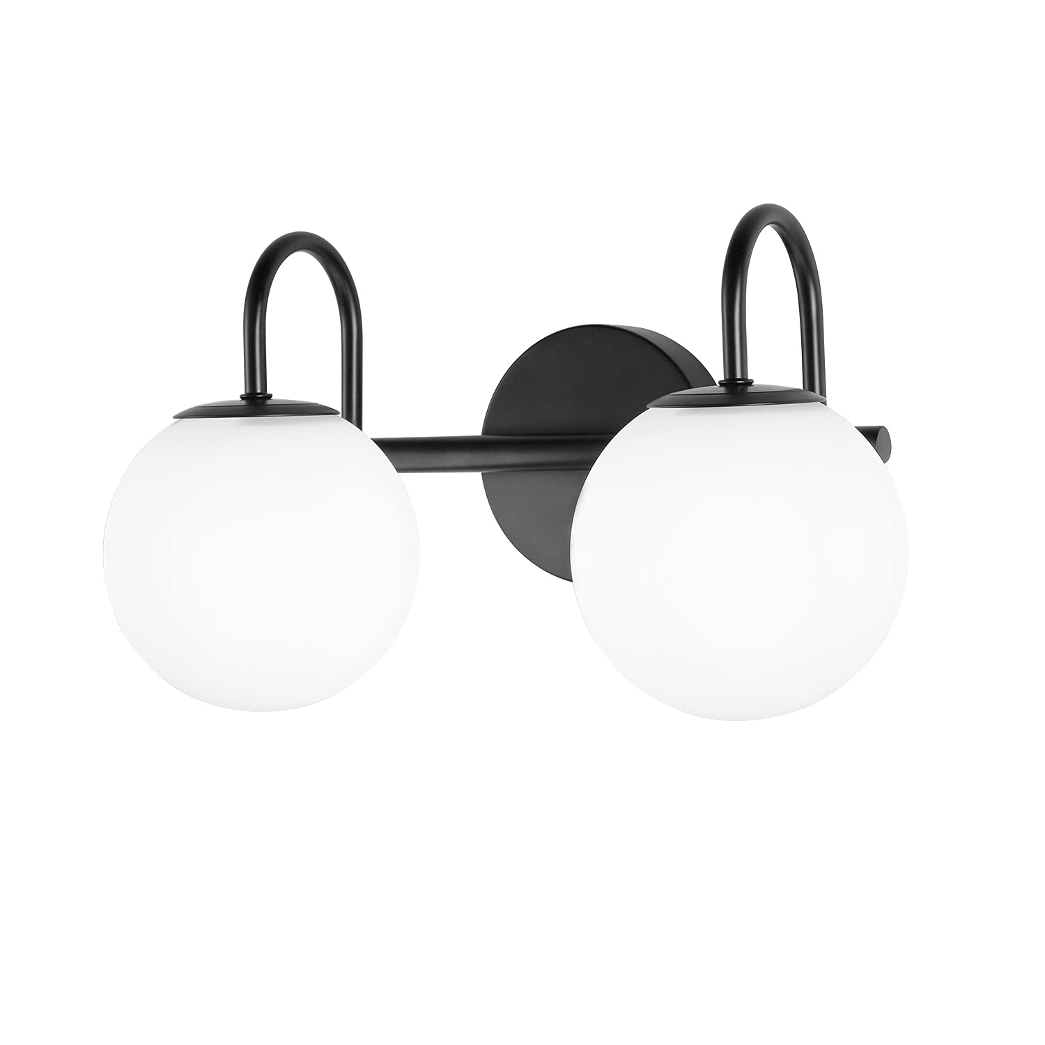 Mid Century Modern Vanity Lights for Bathroom - Black Metal Frame with Milk White Frosted Glass Globe - 2 Light Wall Sconce (7.09